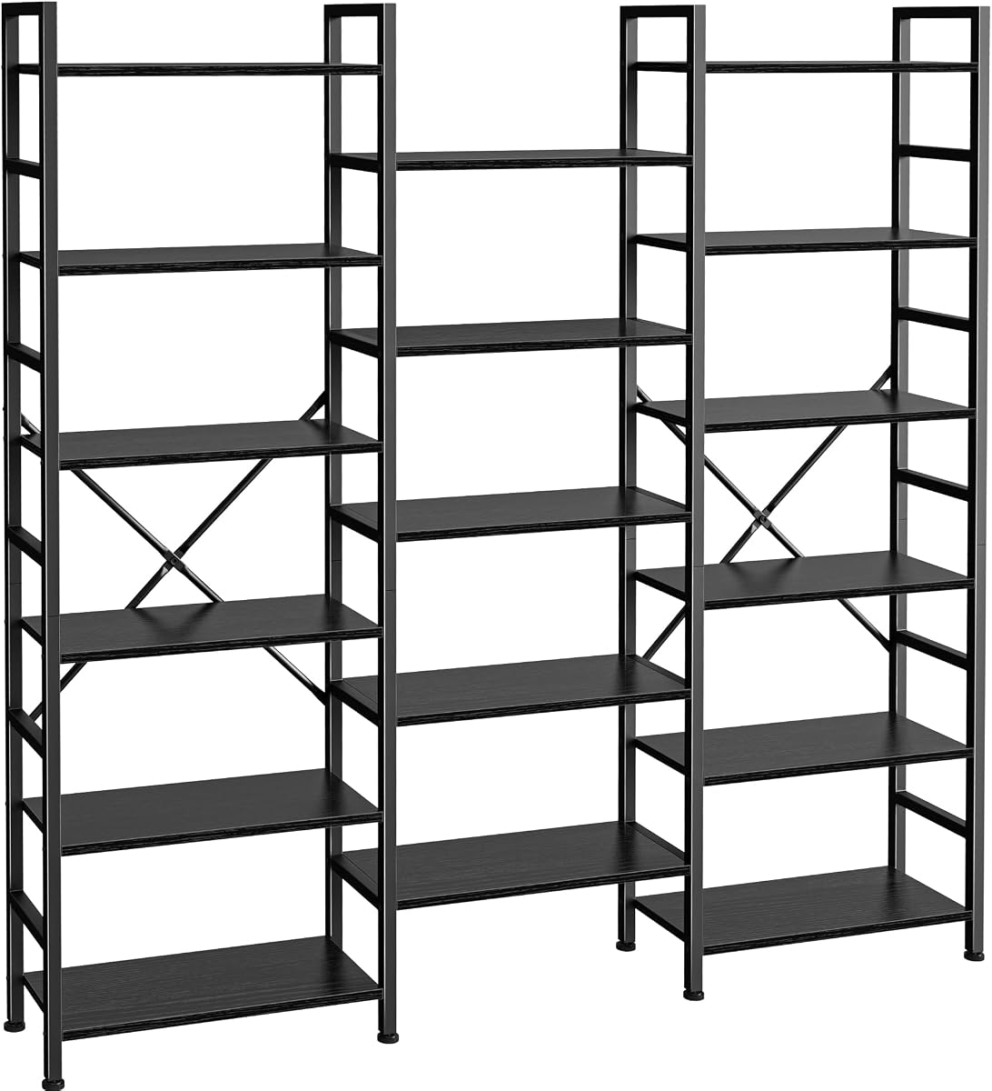 Triple Bookshelf, Bookcase with 17 Open Display Shelves, Wide Book Shelf Book Case for Home & Office, 6 Tier, Black, ABC003B