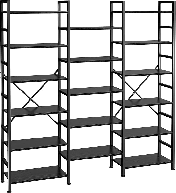 Triple Bookshelf, Bookcase with 17 Open Display Shelves, Wide Book Shelf Book Case for Home & Office, 6 Tier, Black, ABC003B