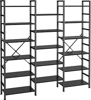 Triple Bookshelf, Bookcase with 17 Open Display Shelves, Wide Book Shelf Book Case for Home & Office, 6 Tier, Black, ABC003B