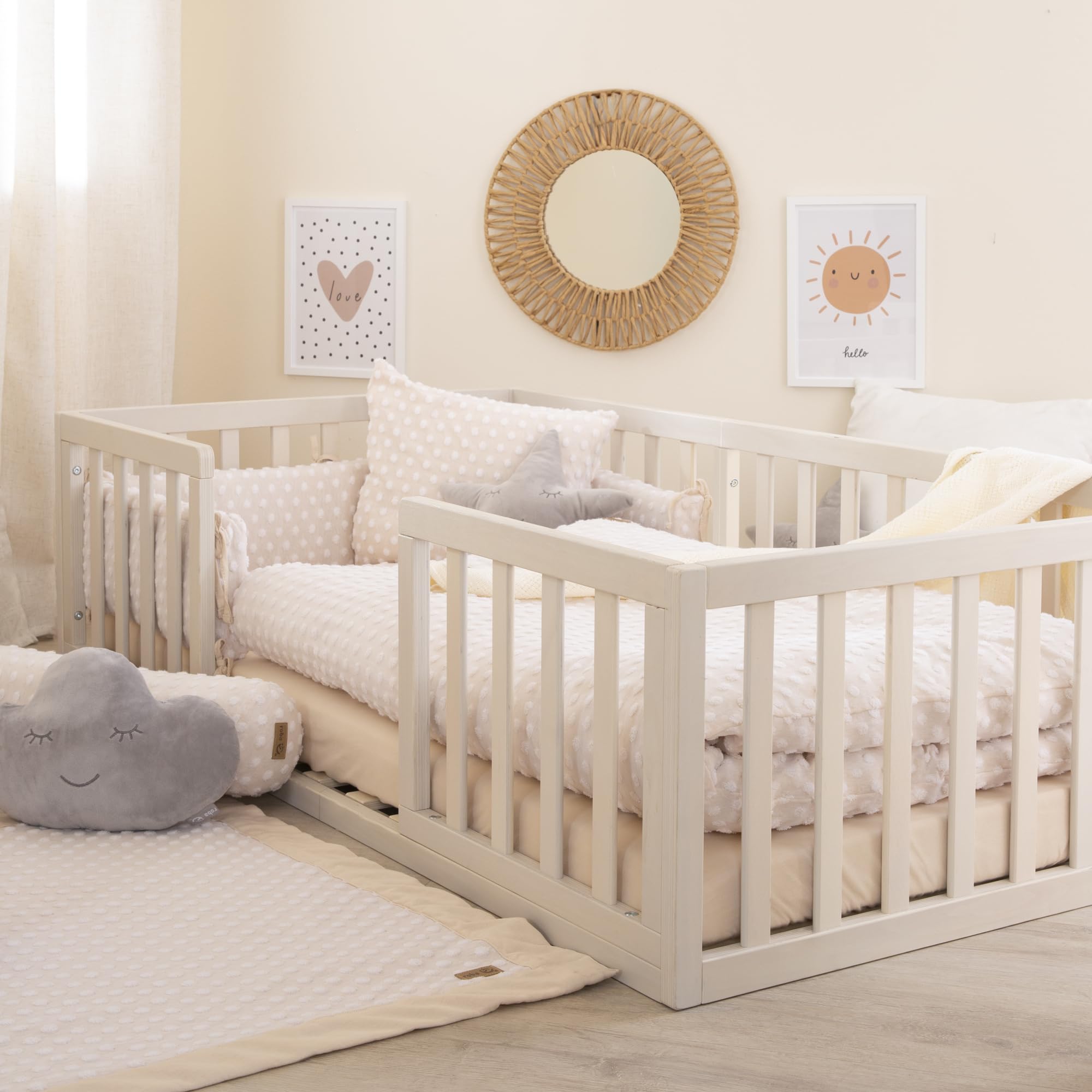 roba Letto Montessori a Pavimento 70 x 140 cm per Bambini - Con Rete a Doghe e Protezione Anticaduta - Concetto di Riposo a Livello del Pavimento per Bambini Piccoli - Stone Washed