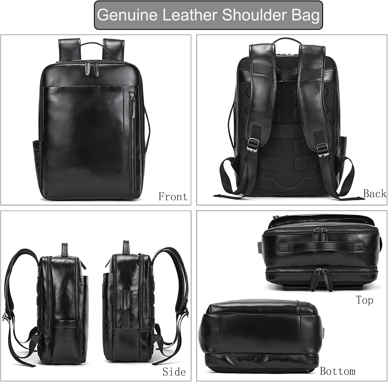 LUUFAN Genuine Leather Shoulder Bag for Men, Casual Backpack Laptop Rucksack Business Daypack Travel Outdoor Bag, Black
