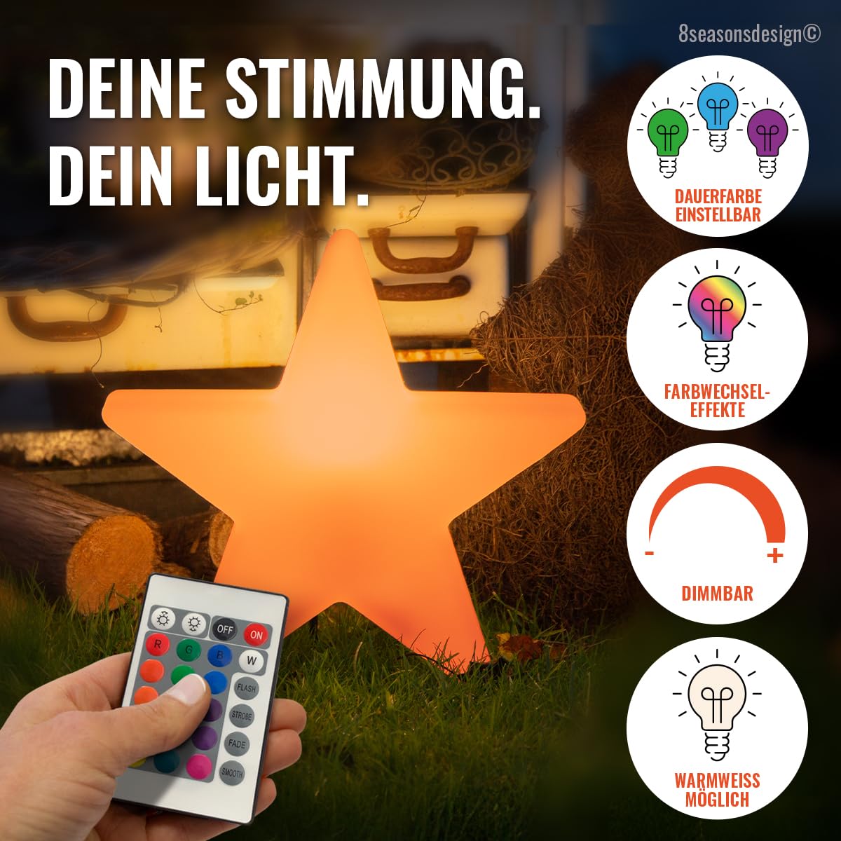 8 seasons design XXL LED Weihnachtsstern 100cm Shining Star (Weiß), E27, RGB Farbwechsel, dimmbar, Fernbedienung – Großer Stern für außen (Garten, Terrasse) und innen – winterfest – Weihnachtsdeko