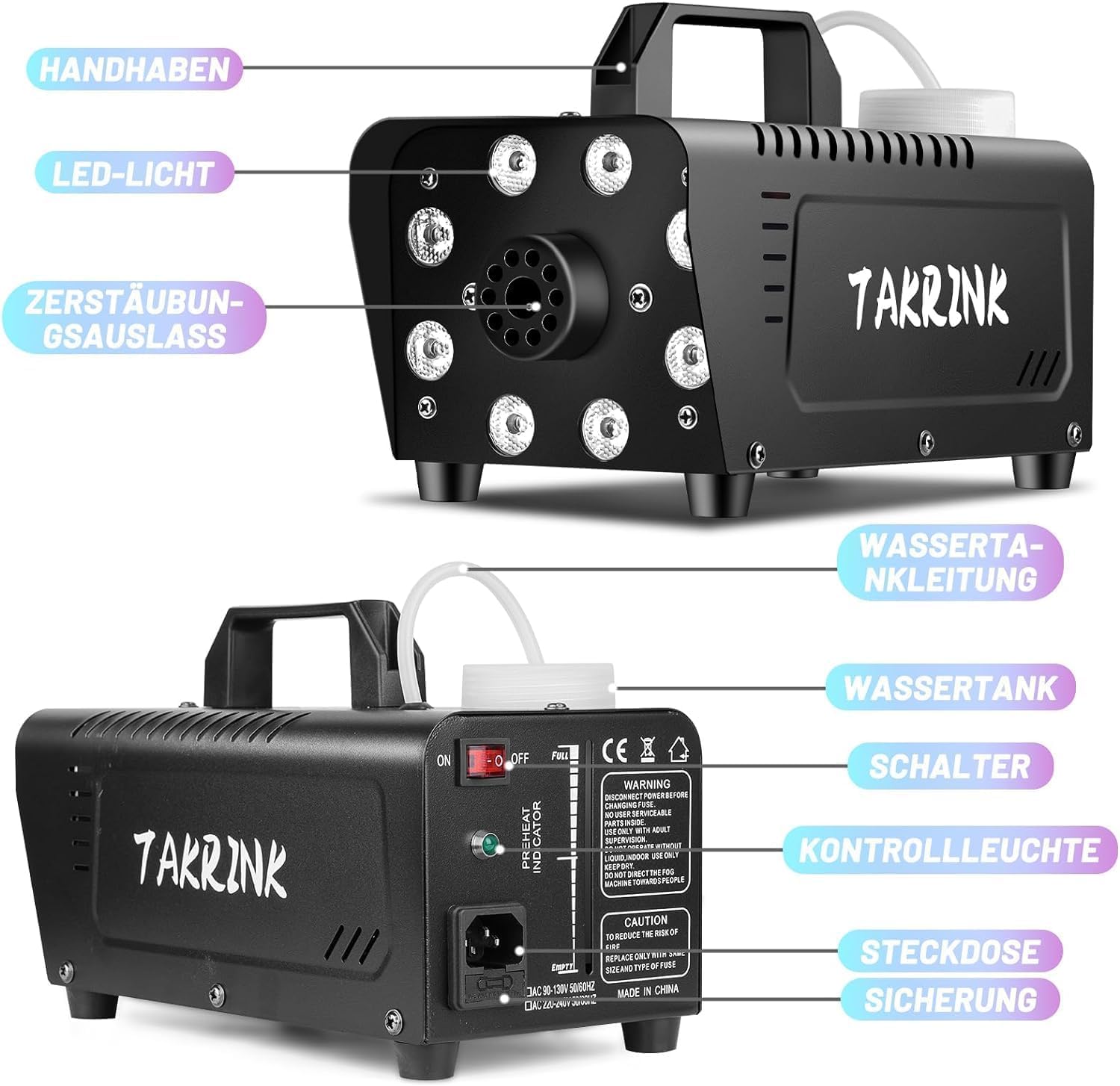 TAKRINK Nebelmaschine Rauchmaschine 900W Nebelmaschine 16 Farben RGB Lichteffekt Mini Nebelmaschine mit Fernbedienung für DJ Disco Party, Hochzeit, Halloween, Weihnachten