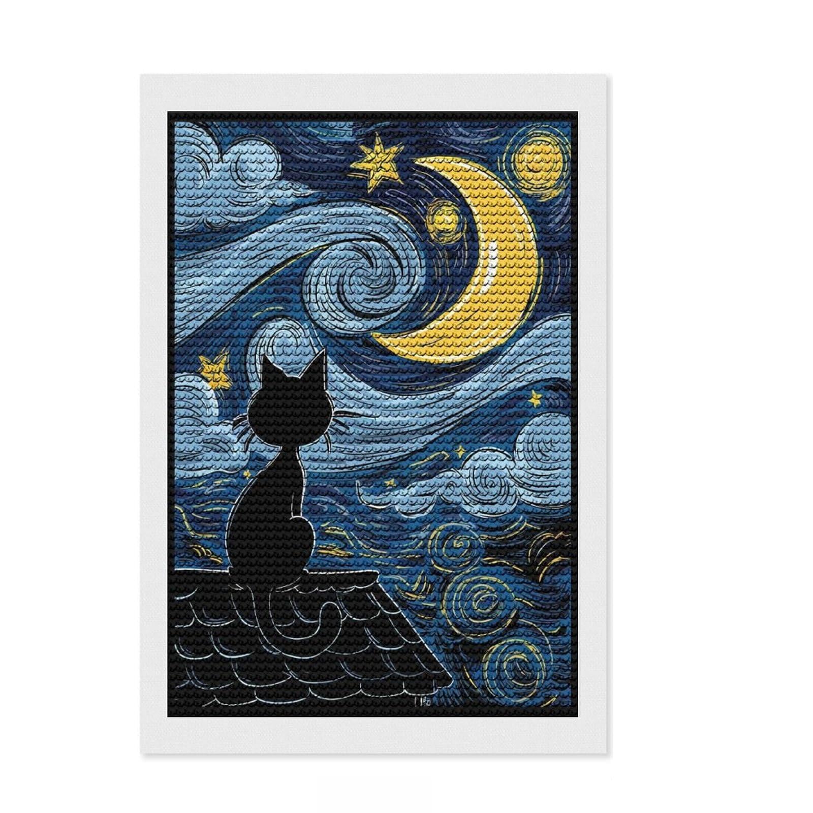 Junmoney Cat Under Starry Night Diamond Art Canvas 8"x12", Neat Printed Canvas, Mindful Craft Activity, Cosy Home Accent, Festive Craft Gift