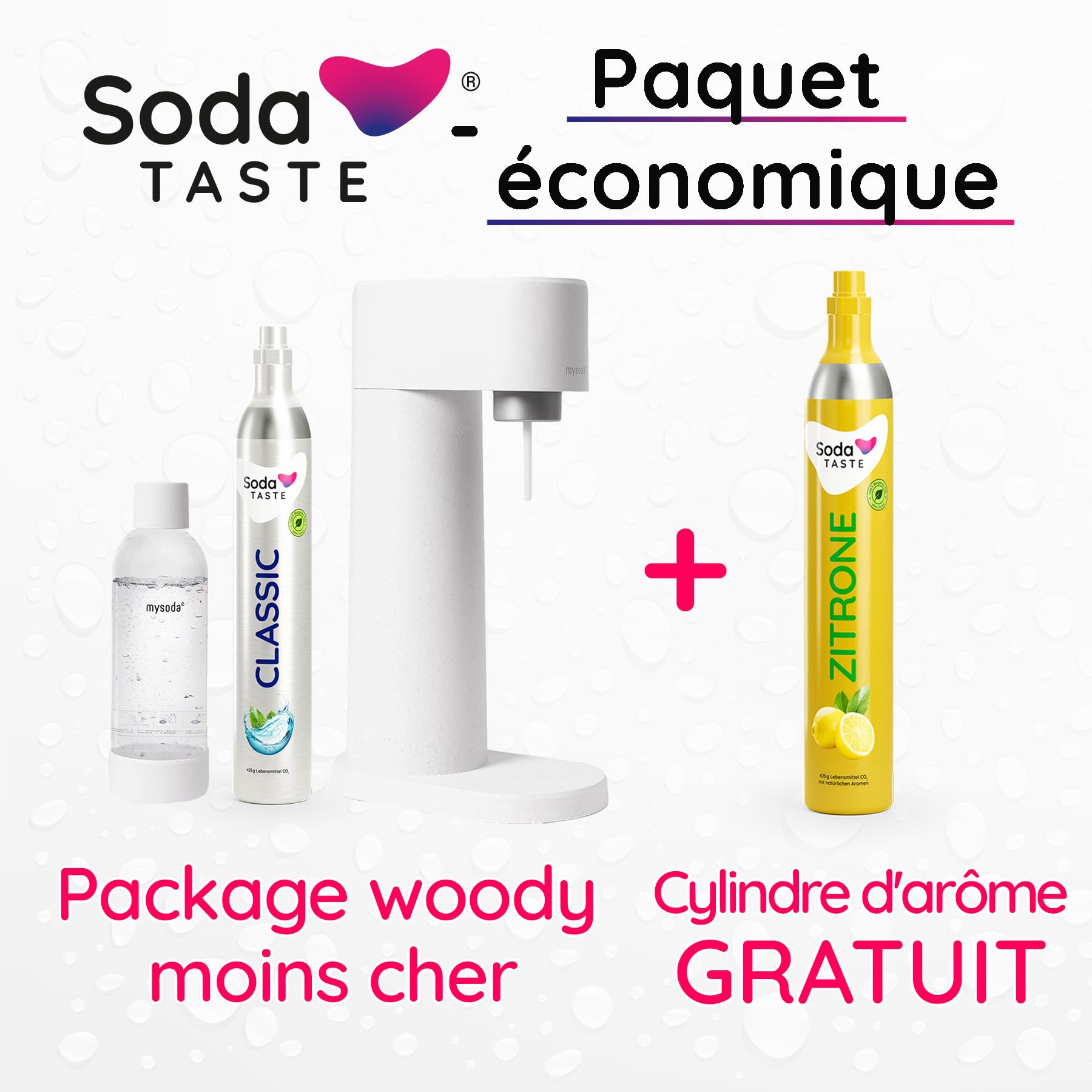 Woody Machine à gazéifier en bois composite renouvelable avec bouteille en plastique sans BPA, cylindre de CO2 Classic + cylindre de CO2 citron (blanc)