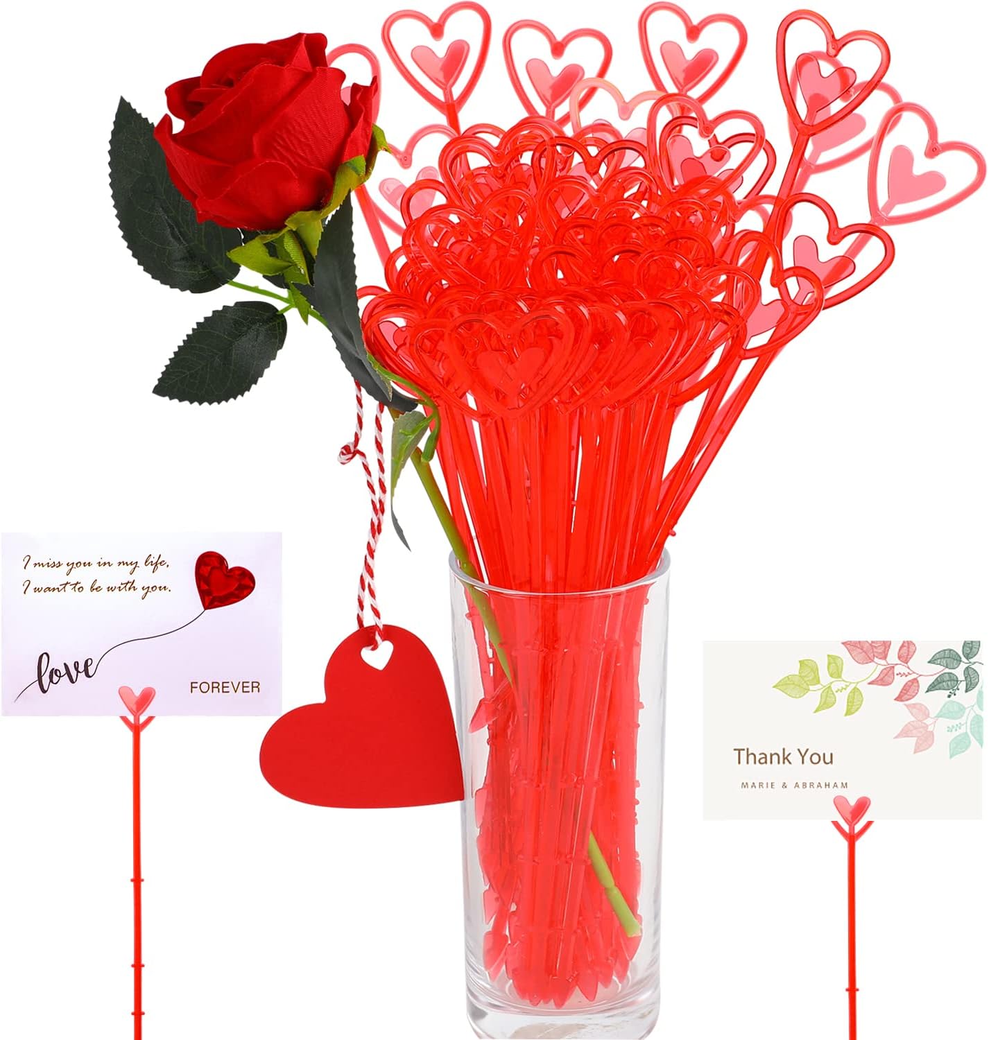 80 Pcs Clear Heart-Shaped Floral Card Holder Picks - 9.21" Stems For Wedding, Bouquet, Cake Decor
