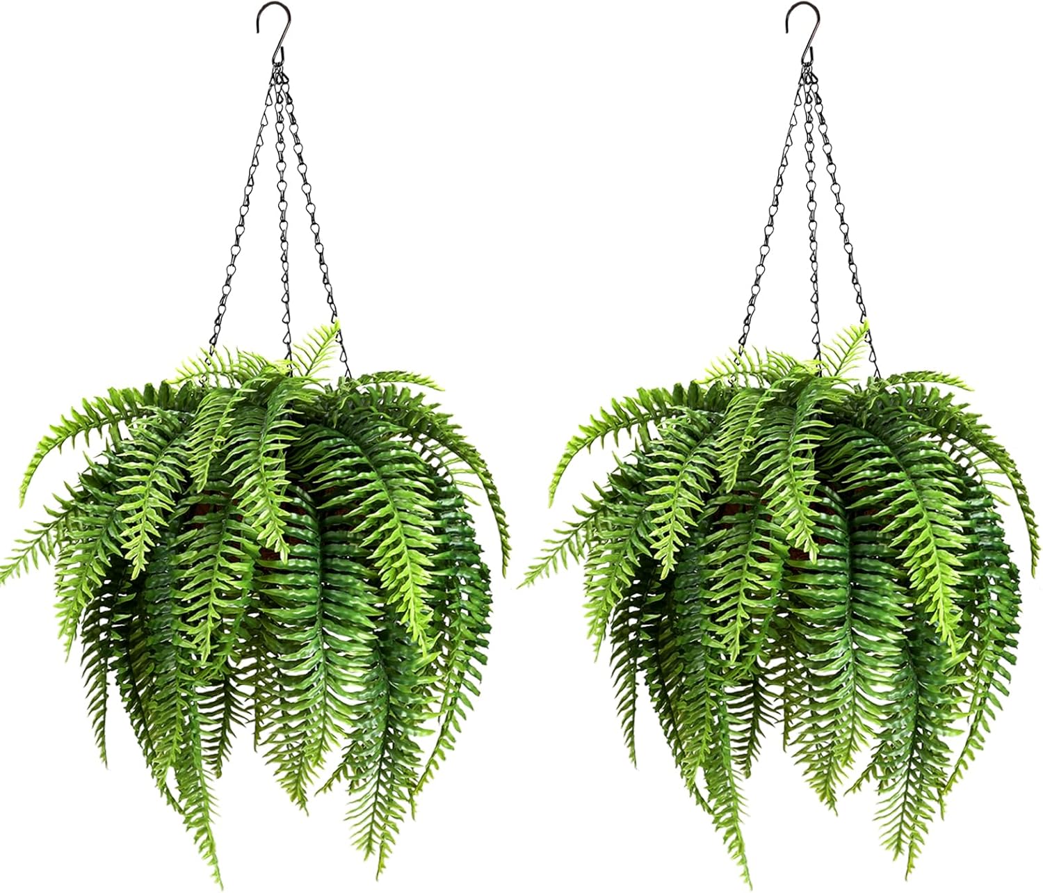 2 Set Fake Ferns with Hanging Baskets, Realistic Fake Hanging Plants, UV Resistant Artificial Ferns Outdoor Faux Plants for Front Porch Patio Garden Home Décor, No Assembly Required