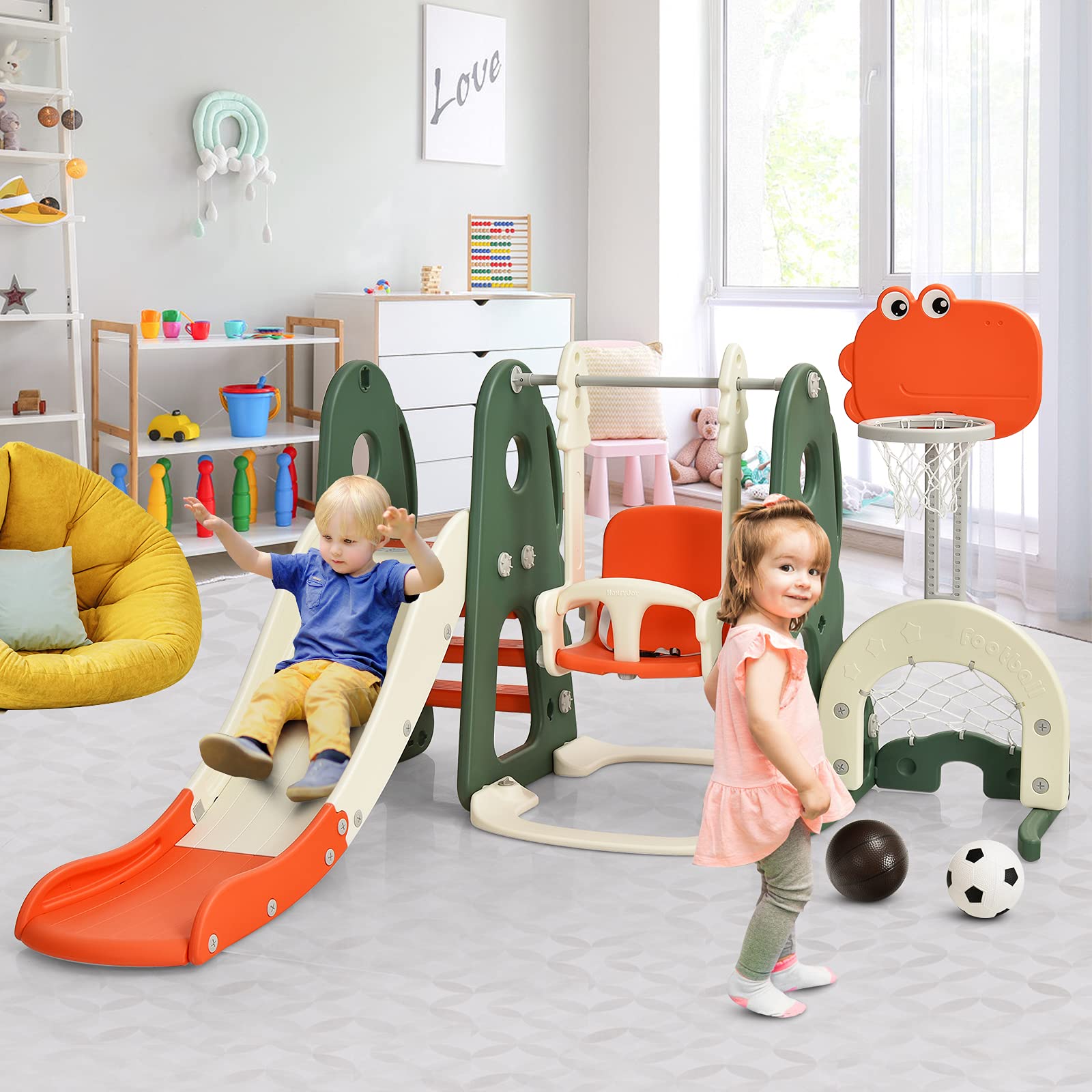 HOMASIS 6 in 1 Scivolo per Bambini con Altalena, Canestro da Basket & Scala da Arrampicata & Porta da Calcio & Buca da Golf, Parco Giochi Educativo per Bambini, 3+ Anni (Colorato)