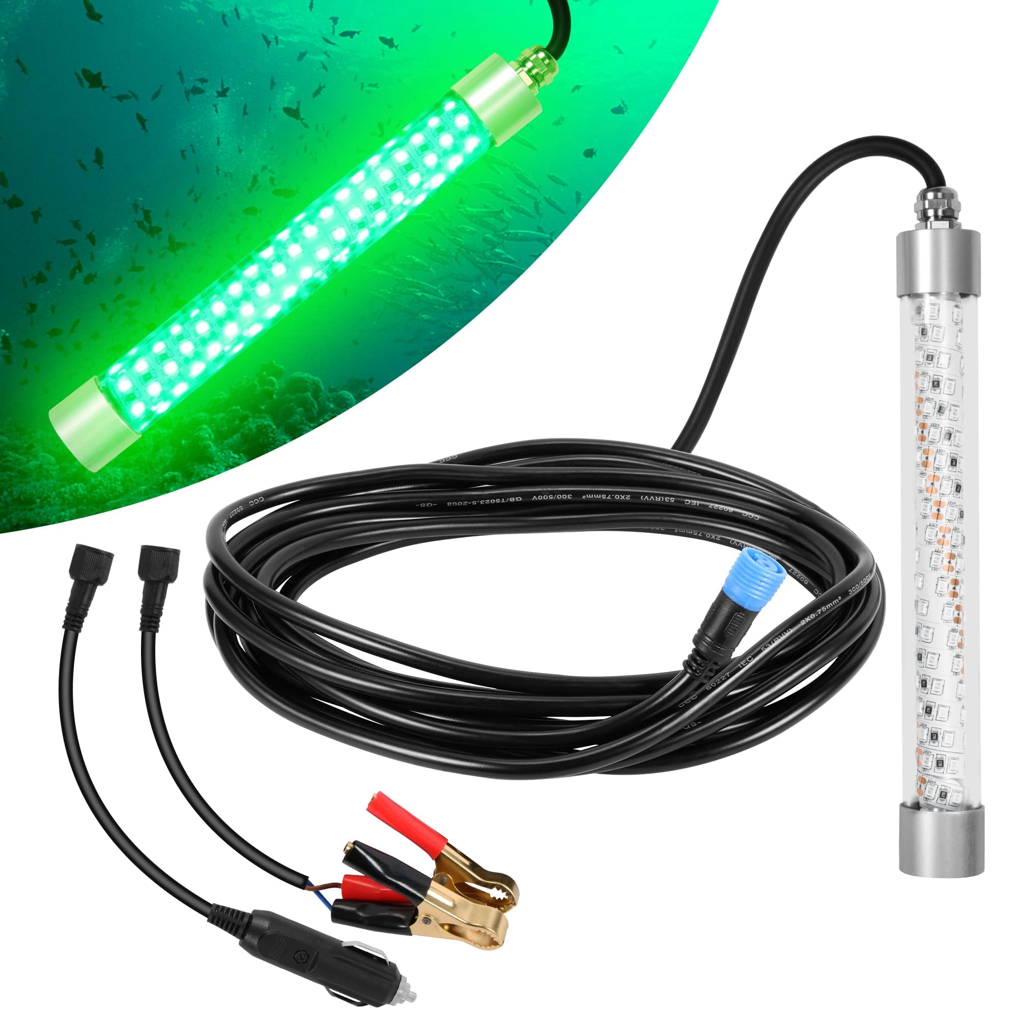 HUSUKU FS0-1 LED Underwater Fishing Light - DC12V 100W 10,000lm with 16.4ft Cord Green Night Fishing Lights, Glowing Fish Attractor, IP68 Submersible Boat Lamp for Snook Crappie Squid Shrimp