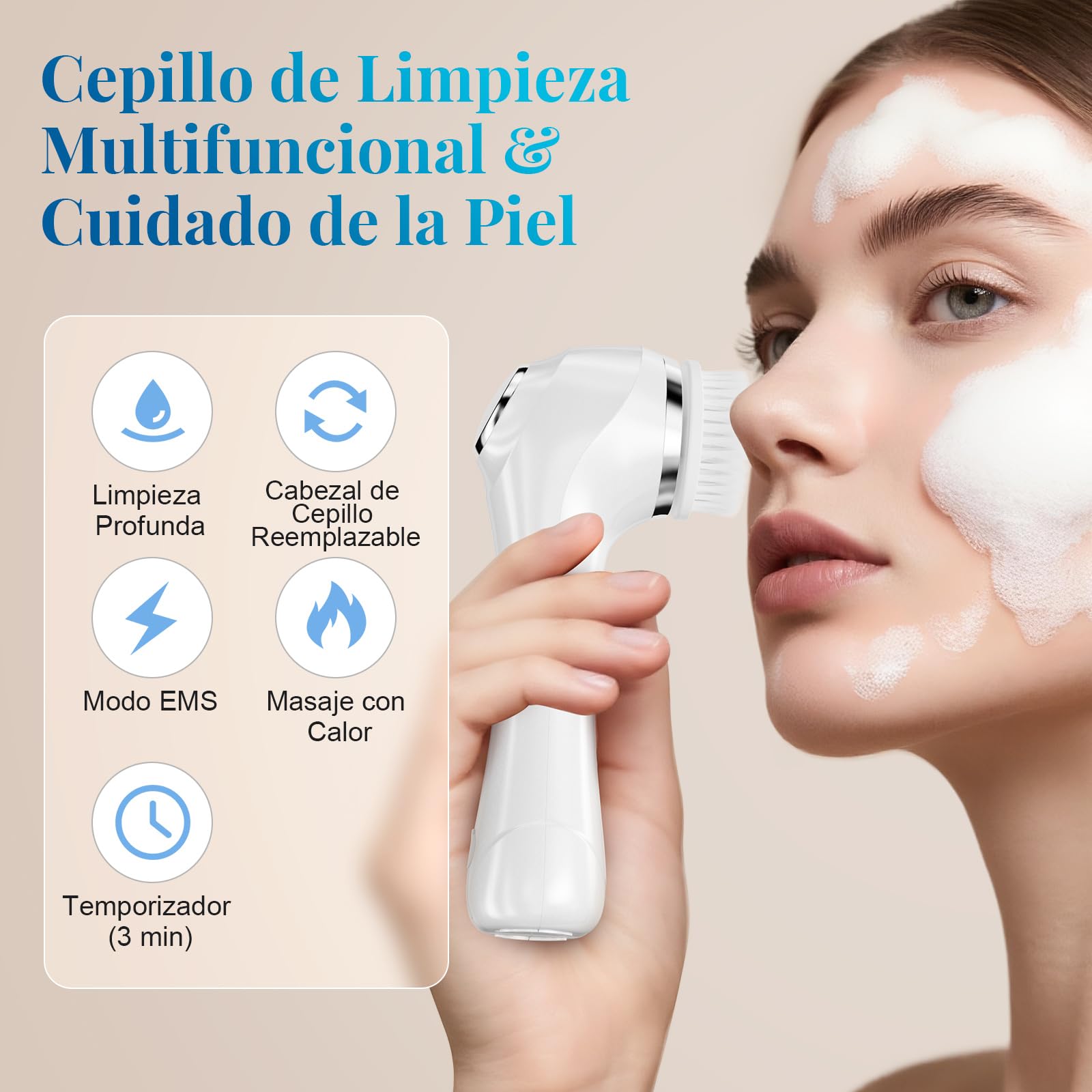 Limpiador Facial Electrico, 3 en 1 Cepillo de Limpieza Facial con 4 cabezales limpiadores Masajeador Facial Con EMS y Calefacción, Para Limpieza Profunda, EliminacióN de Acné y Puntos Negros