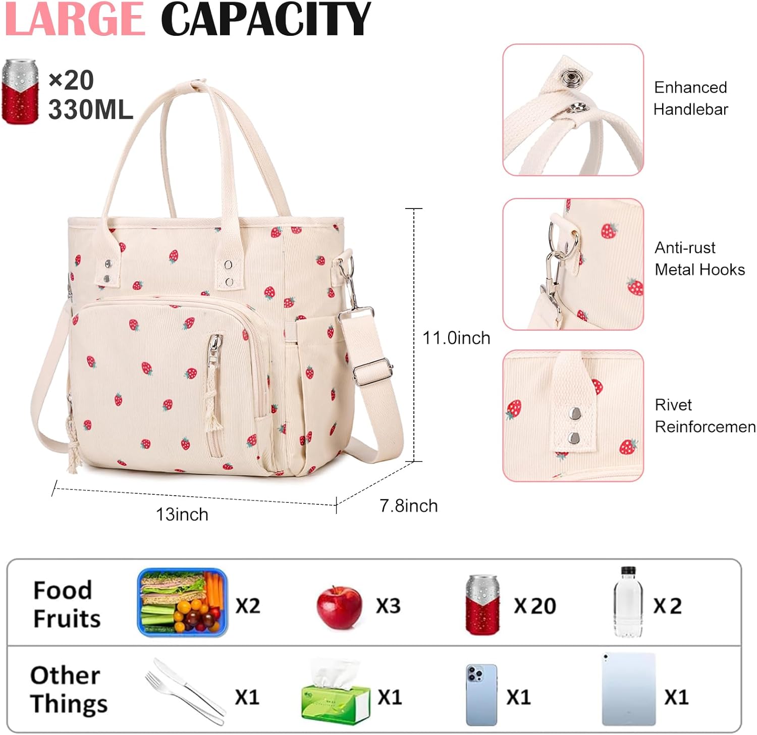 Lunch Bag for Women Men - Corduroy Lunch Tote Bag Reusable Insulated Lunch Box Adult Leakproof Portable Large Cooler Tote Bags for Work Picnic or Travel (Beige Strawberry) - Image 2