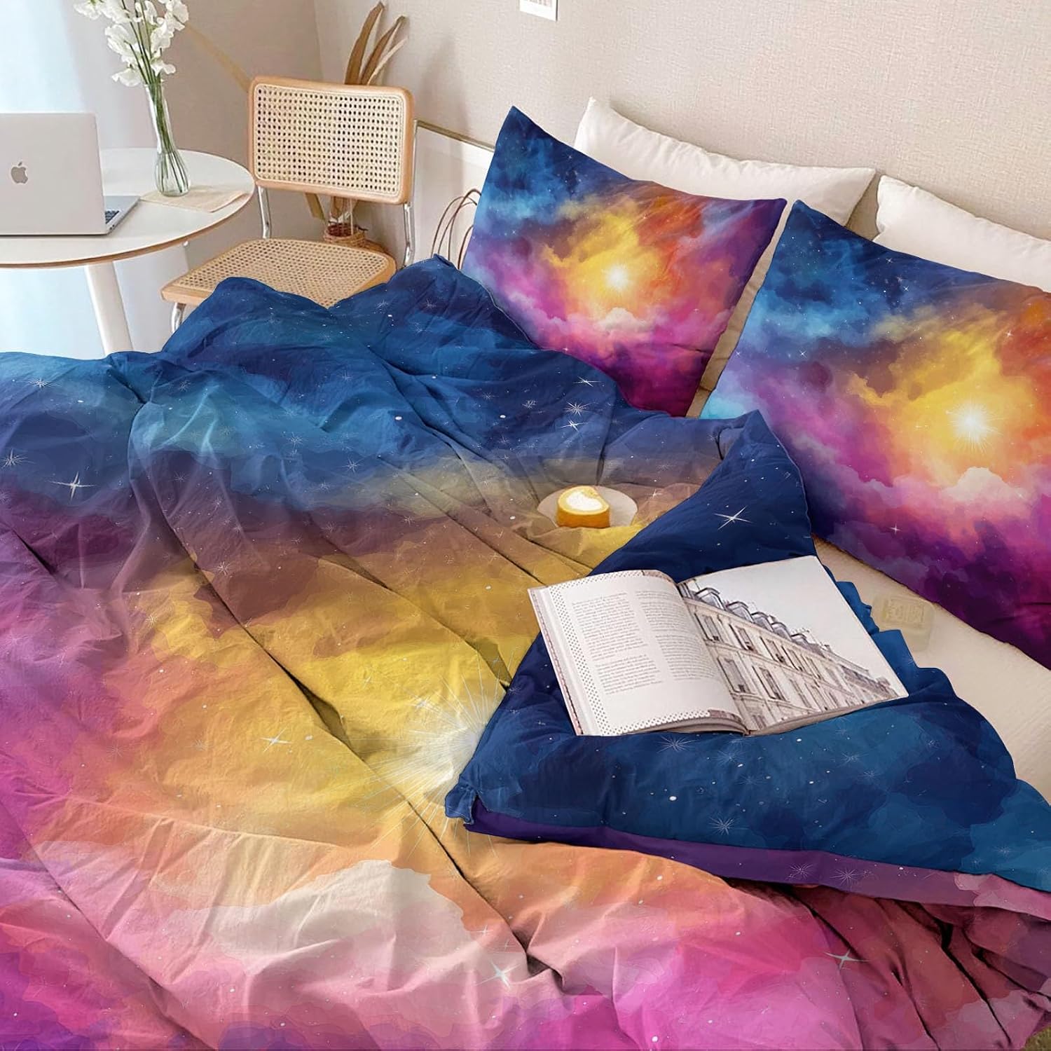 Duvet Cover Sets Watercolor Universe Galaxy Reversible Bedding Printed Comforter Sets, Queen Size 90"x90" Bedding for Kids Boys Girls Adult, Quilt Cover with Zipper Closure 4 Ties, Colorful