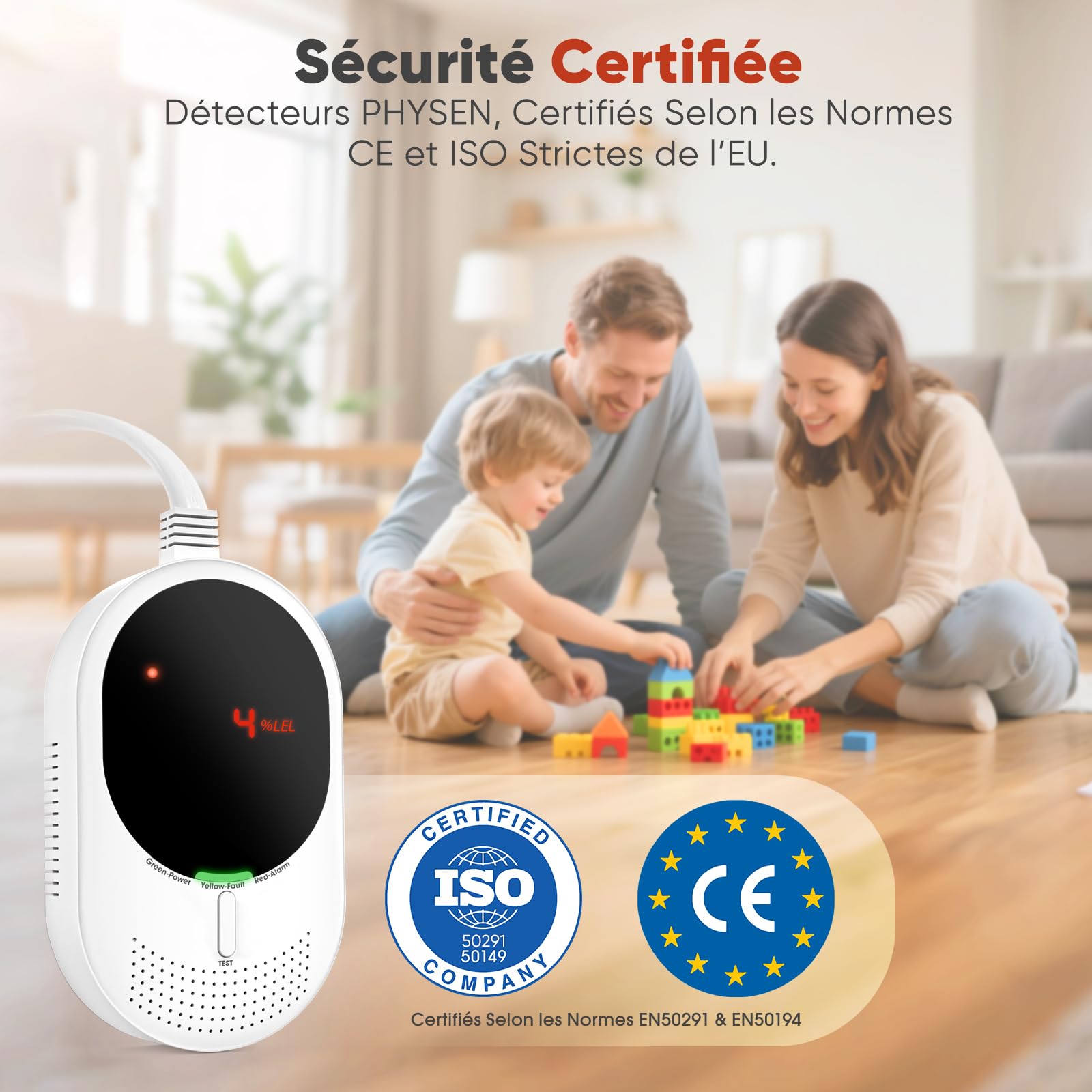 PHYSEN WiFi Détecteur de Gaz et Monoxyde de Carbone avec Écran LED, Certifié EN50291 et EN50194, Compatible Alexa/Google Home App, Détecteur de Méthane et CO pour Cuisine, Chaufferie, Garage
