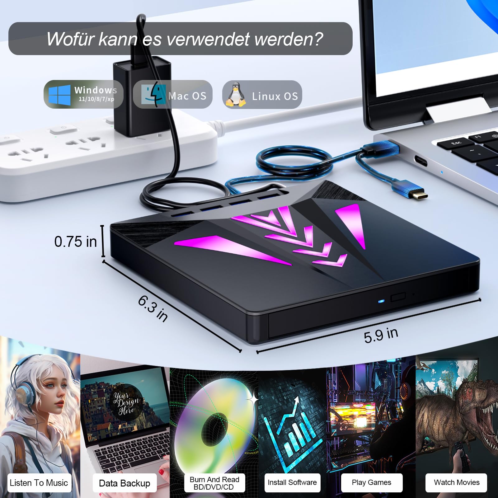 Externes Blu-ray Laufwerk Blu-ray Laufwerk BD/DVD Player Lesen/Schreiben Tragbares Blu-ray Laufwerk USB 3.0 und Typ-C DVD/CD/BD Recorder Ultra High Definition Blu-ray Recorder für Windows 7/8/10/11