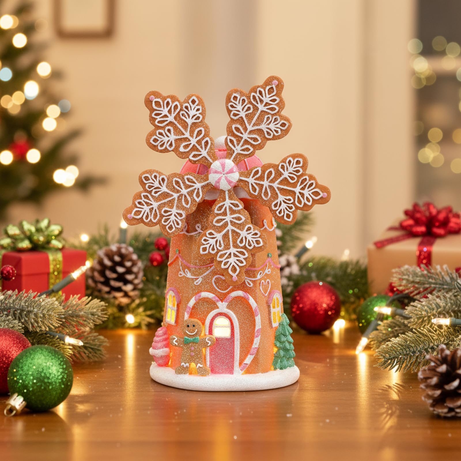 Wesiti Decoración de casa de pan de jengibre iluminada de Navidad de 9.5 pulgadas, figuras de molino de viento de Navidad hechas a mano, decoración navideña para fiesta, centro de mesa, mantel, mesa