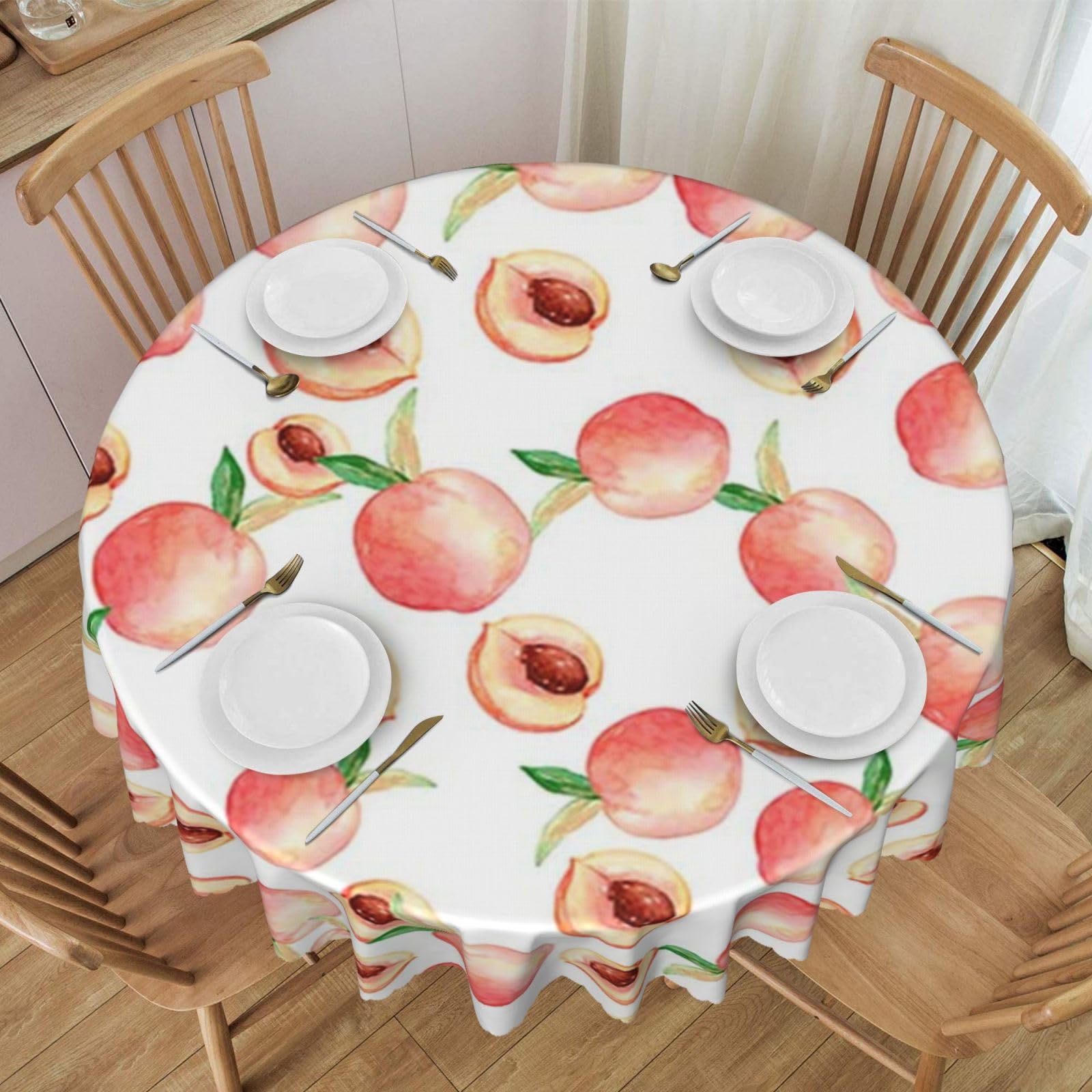 DCEHGEW 60 In Round Tablecloth with Lace, Watercolor Peach Printed Oilproof & Washable Fabric Picnic Table Cloth Table Covers