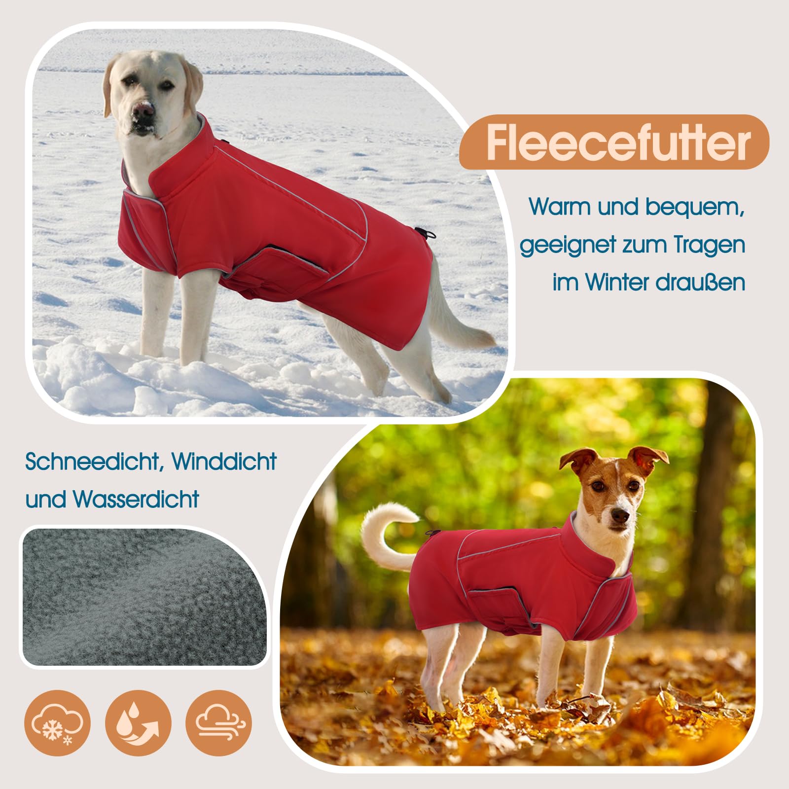 Hundemantel Wasserdicht, Warmer Hundejacke für Große Hunde, Hundemantel Fleece, Hundejacke mit Reflektierender Streifen Labrador, Regentag, Cheng Rot 3XL