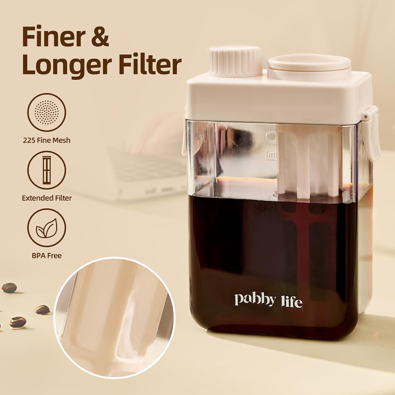 Cold Brew Coffee Maker, 1100ml Cold Brew Pitcher with Extended Fine Mesh Filter, Airtight Cold Brew Maker and Iced Coffee Pitcher, Leak-Resistant Fridge Pitcher for Coffee, Iced Tea and Fruit Drinks