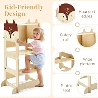 labebe Montessori Tanulótorony 1 Éves Kortól - Összecsukható Fa Konyhai Segítő Gyerekeknek, 3 az 1-ben Funkció Üzenőtáblával, Róka Mintás 6