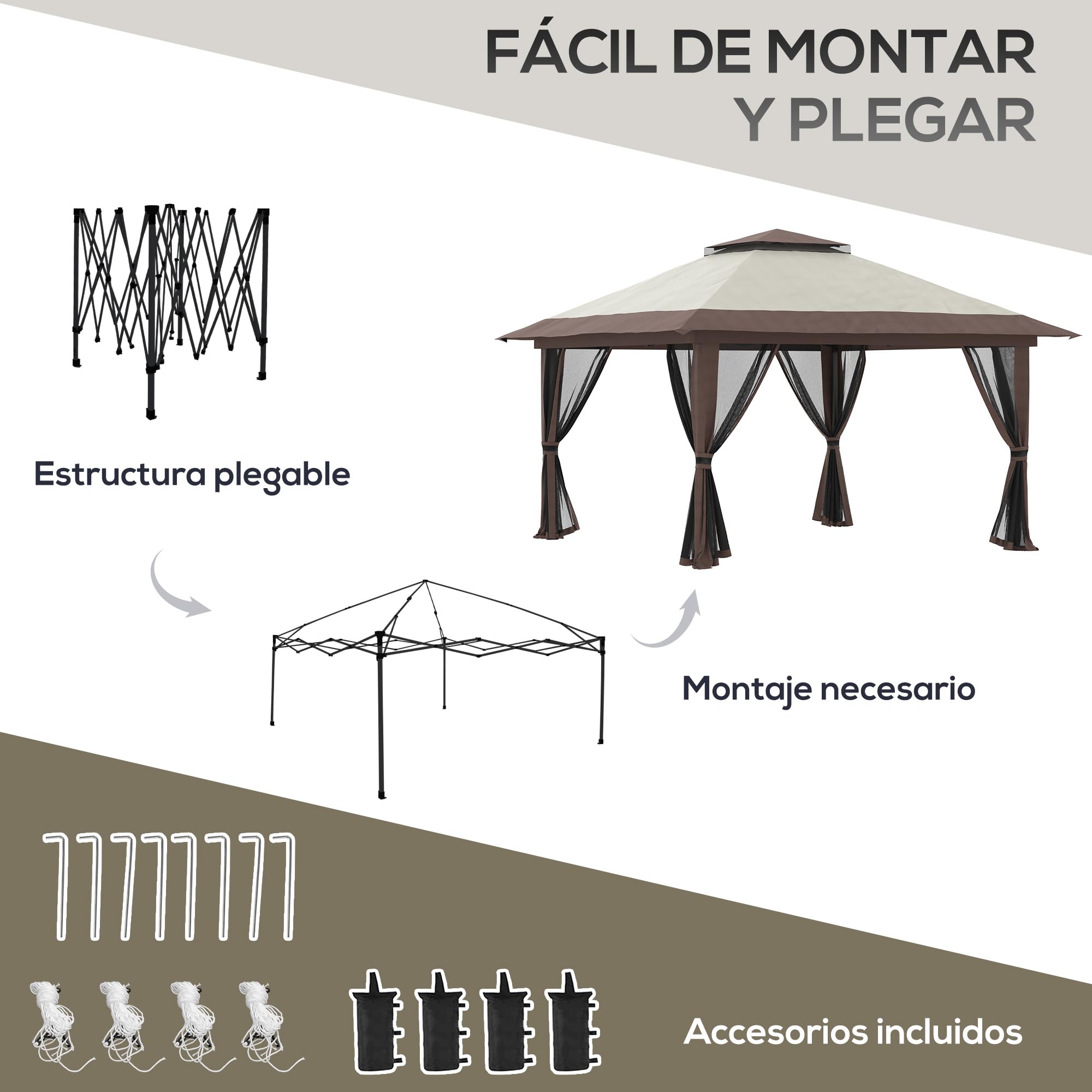 Outsunny Gazebo pieghevole pop-up, 4 x 4 x 2,8 m, altezza regolabile, beige