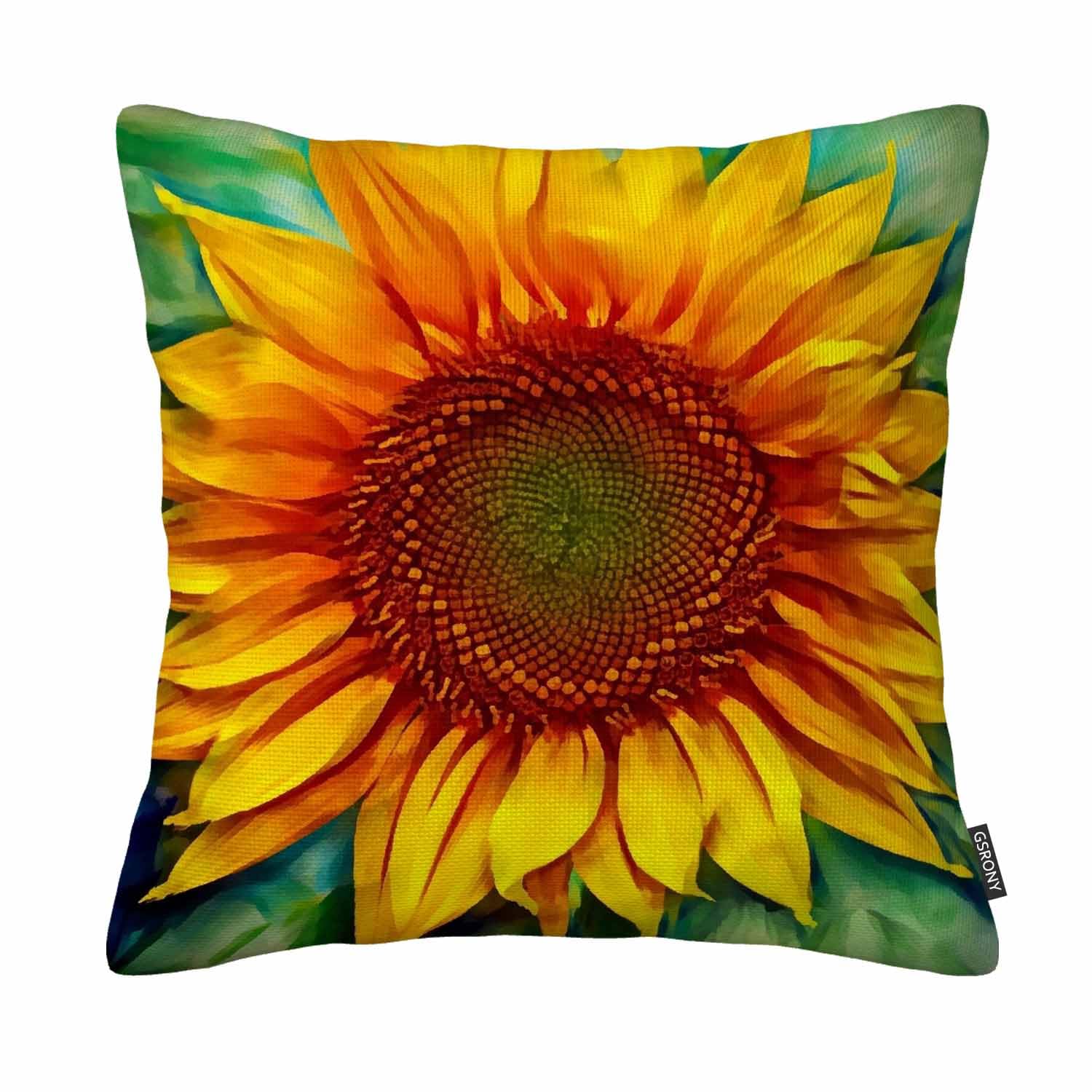 Gsrony Beige Floral Throw Pillow Covers Sunflower Green Gold Oil Painting Cushion Pillow Case Home Decor Pillowcase 18X18 Inches