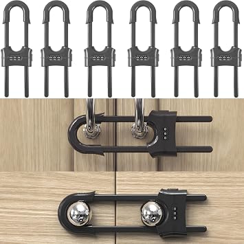 6 Pack Child Proof U-Shaped Code Sliding Cabinet Door Locks Adjustable Baby Safety Plastic Cupboard Cabinet Latches Set for Knob Handle Drawers Closet Grey