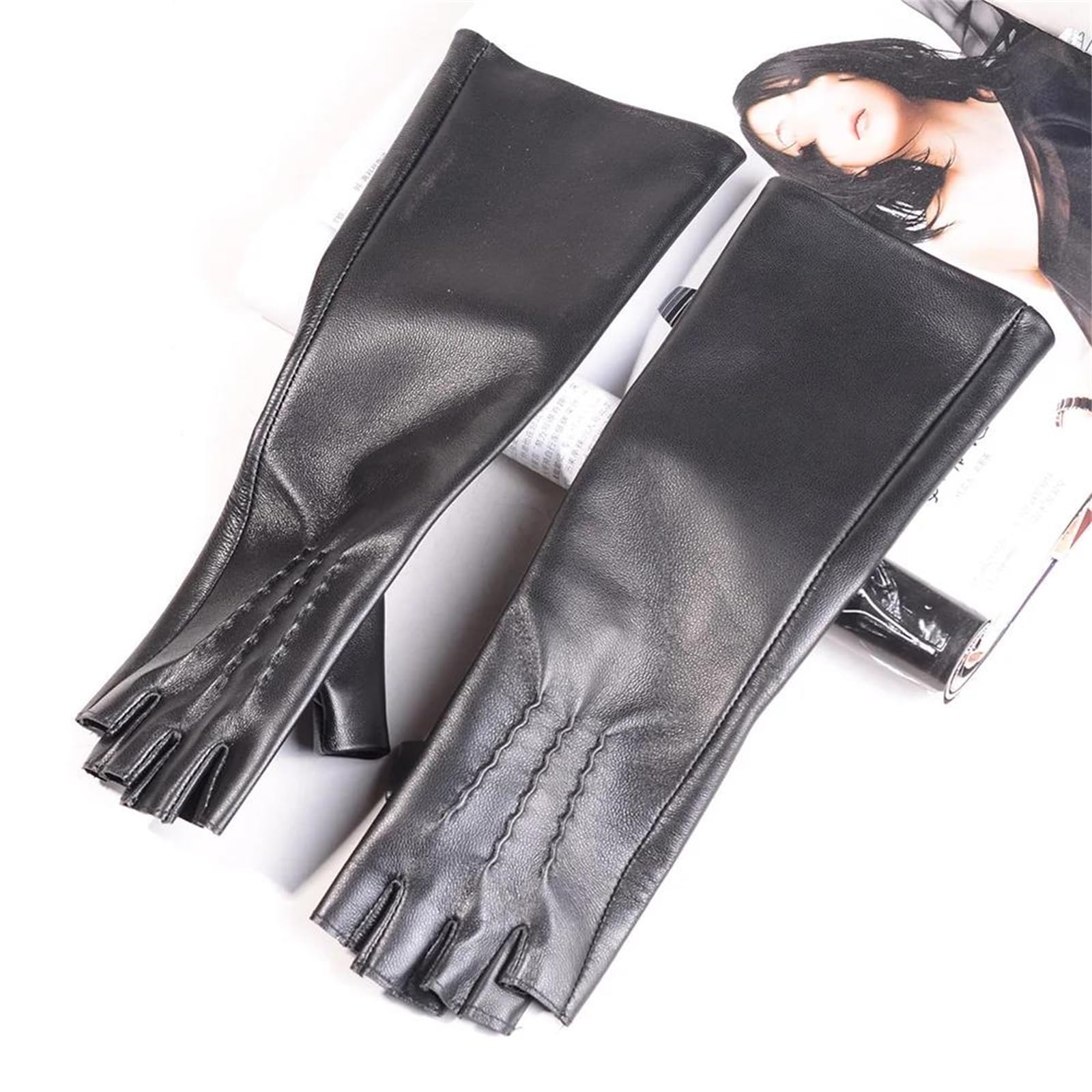 Guantes largos de piel de oveja auténtica para mujer, con medio dedo, longitud de ópera, para fiesta de noche, formales