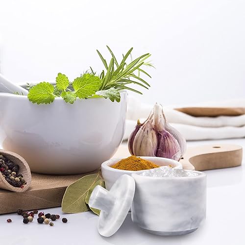 Miniatura 5 de Bodega de sal de mármol con tapa, cuenco de sal y pimienta de piedra blanca y negra, contenedor para frascos, plato de bueno, cerdo