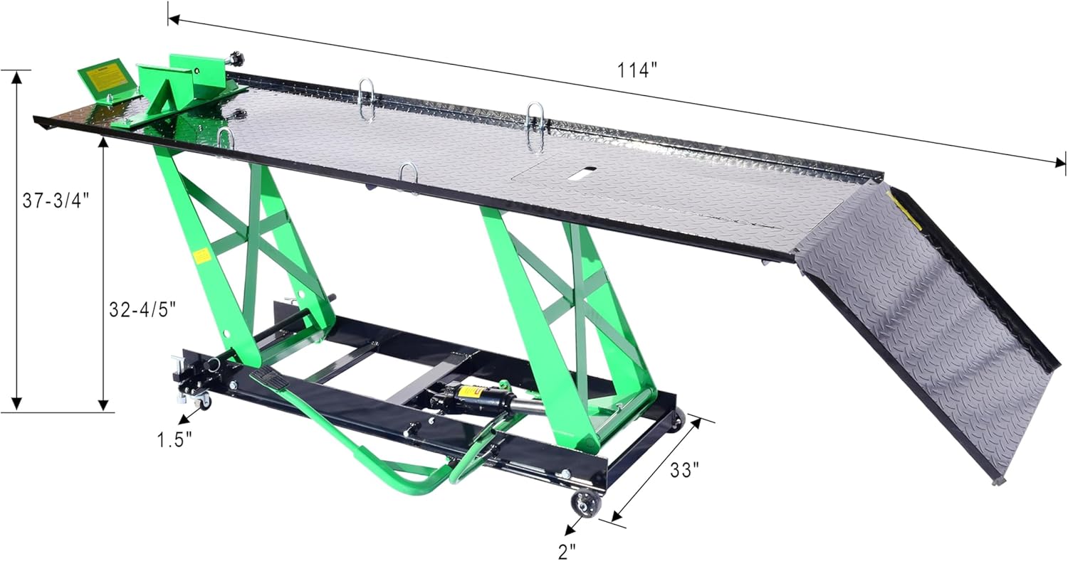 Hydraulic Motorcycle Lift 1000 Lb Capacity Jack Stand Lift Hoist Workshop Repair Table Adjustable Height Mobile Motorcycle Ramp Removable Green