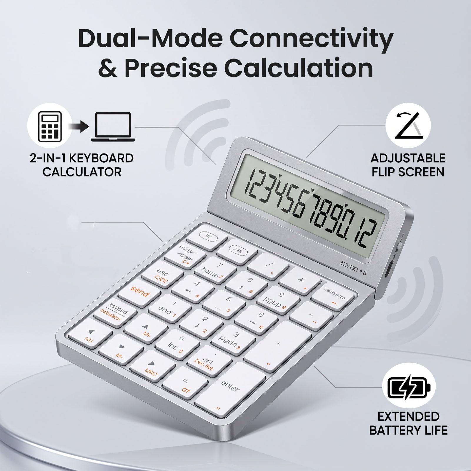 Goshyda Tastiera Numerica Wireless a 12 Cifre, Modalità Doppia Bluetooth, | Modalità Duale (Bluetooth e 2.4G), Display LCD Ribaltabile a 12 Cifre, Corpo Compatto in Lega di Alluminio, per Inserimento
