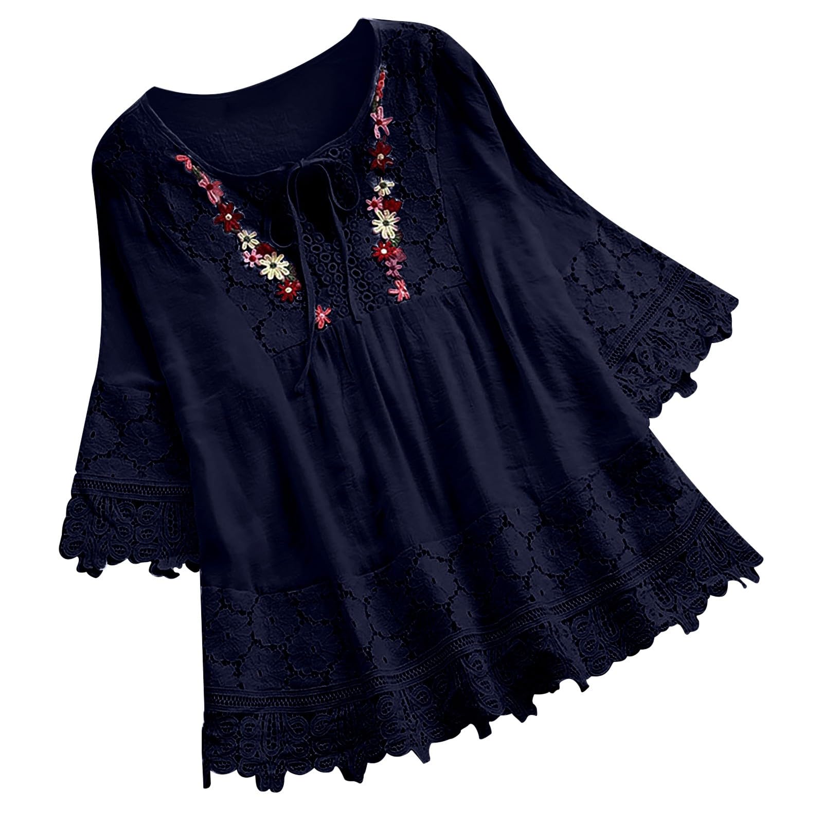 Womens Summer Loose Tops V-Neck Lace Crochet Half Sleeve Shirts Casual Chiffon Blouses Flowy Blouses Shirts(Za Navy,M)