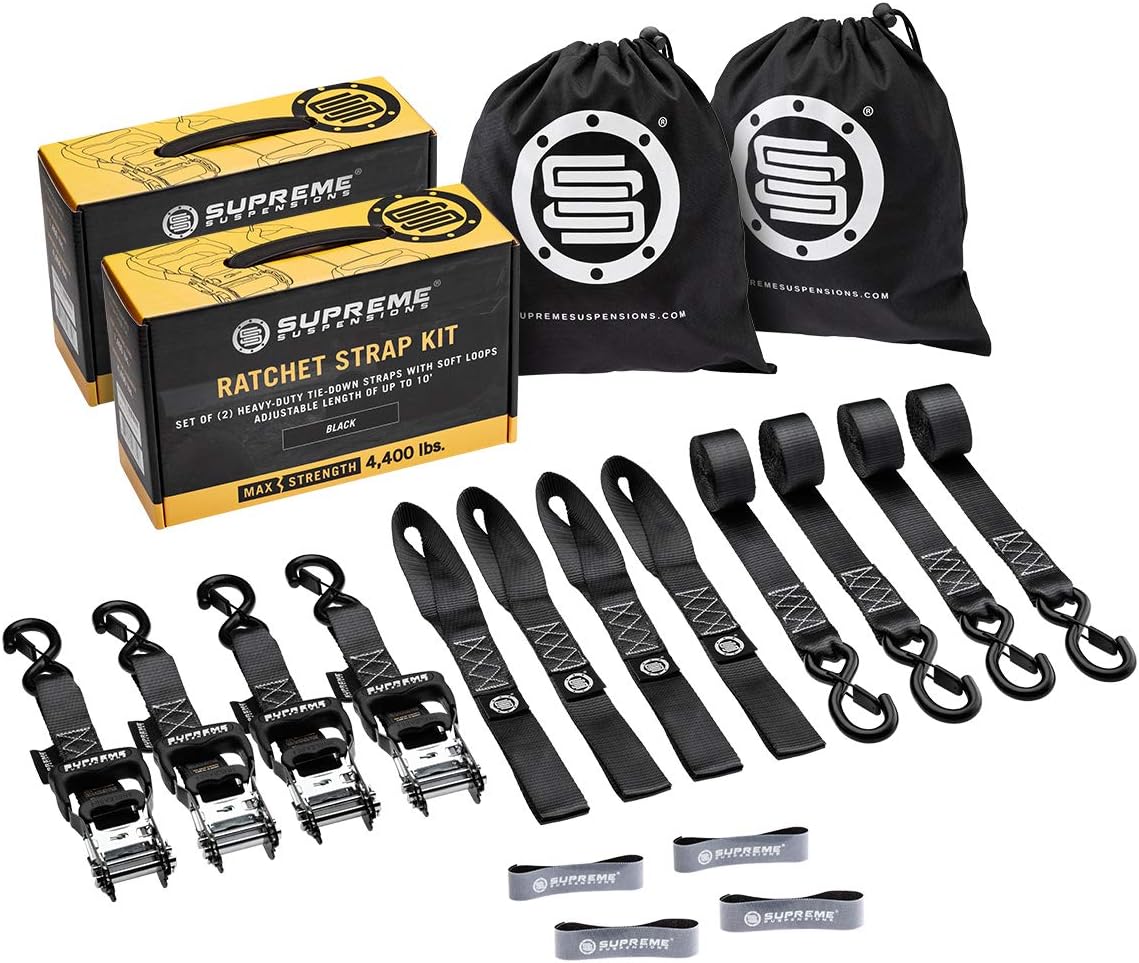 Supreme Suspensions Adventurer's Special Bundle - (4-Pack) Heavy-Duty 1.6" Ratchet Tie-Down Kit Adjustable from 2' to 10' | 4,400lbs MAX Break Strength