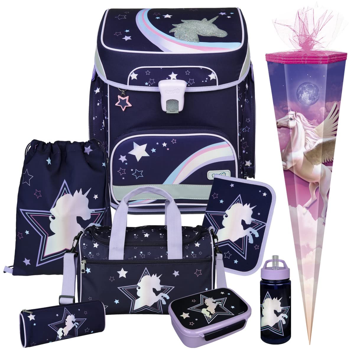Dreamland - Einhorn SCOOLI Undercover EasyFit Schulranzen-Set 9tlg. mit Sporttasche, BROTDOSE, TRINKFLASCHE und SCHULTÜTE, Hellblau, Größe: 36,5 x 33 29 cm