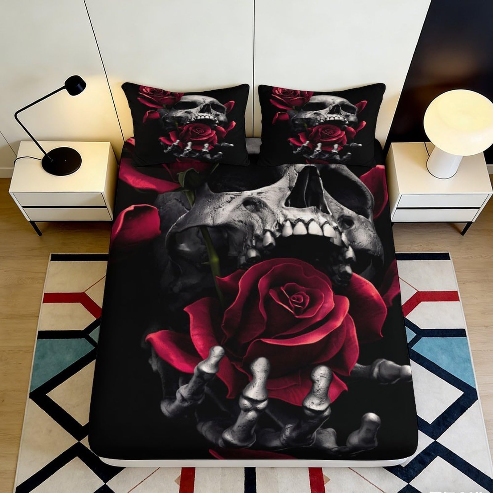 3D Printed Skull Rose Fitted Sheet Microfiber Deep Pocket Full Wrap Skull Rose Mattress Fitted Cover for Bedroom Bedding 140x200x25cm