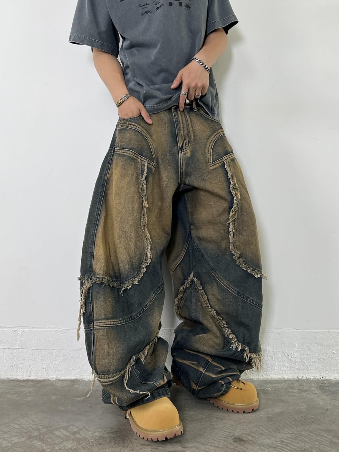 Men's Fringe Frayed Edges Hip Hop Baggy Jeans Wide Leg Jeans Vintage Loose Fit Denim Pants - Image 3