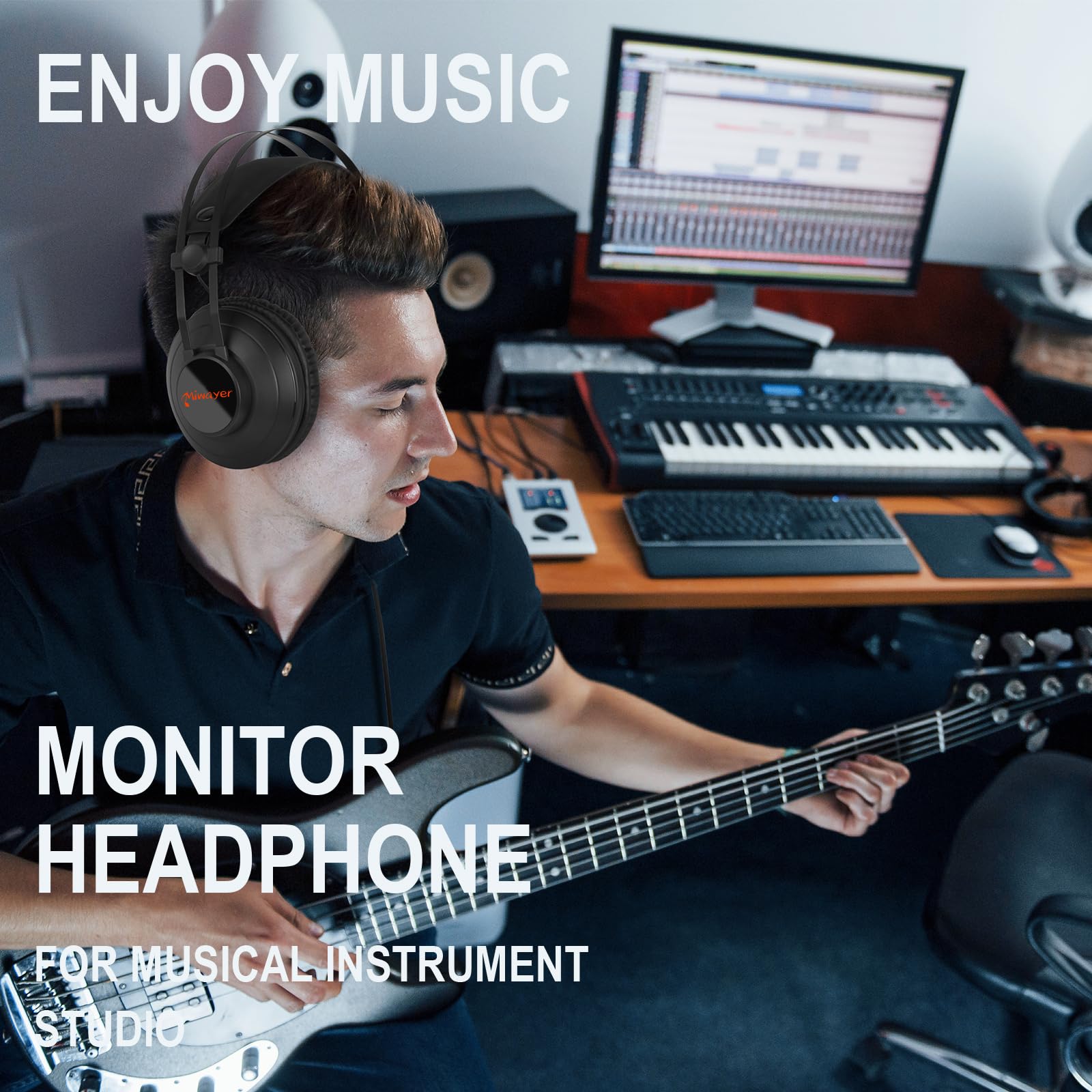 Miwayer Auriculares de monitor de estudio 3M con cable profesional con cables desmontables de 3,5 mm o 6,35 mm para estudio, música, DJ, amplificador, podcast, mezclador, portátil, PC
