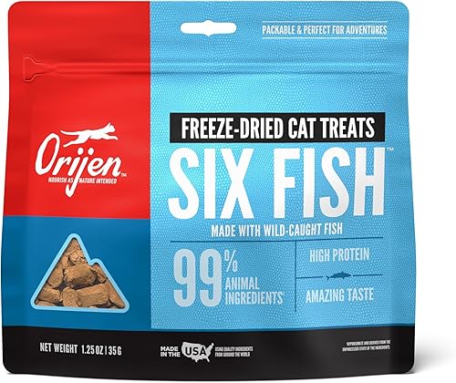 ORIJEN Six Fish - Golosinas liofilizadas para gatos, sin granos, ingredientes animales crudos, 1.25 onzas