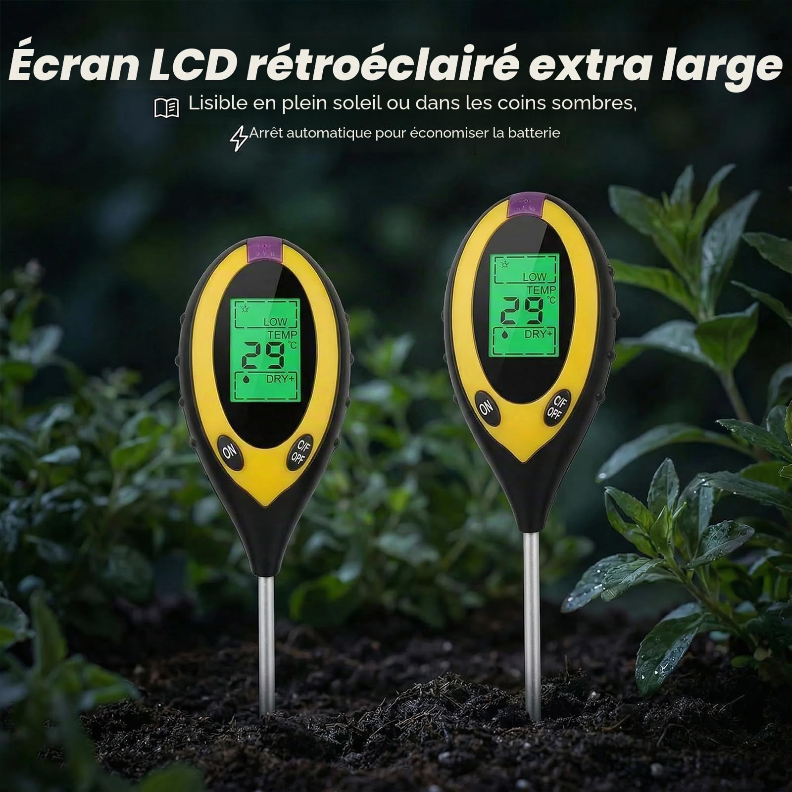 4 en 1 Testeur Ph Sol, 2 Pièces Testeur Humidité Plante, Humidité/PH/Température/Ensoleillement, Testeur Humidité Plante, Concerner Jardins, Fermes, Plantes D'Intérieur et D'extérieur