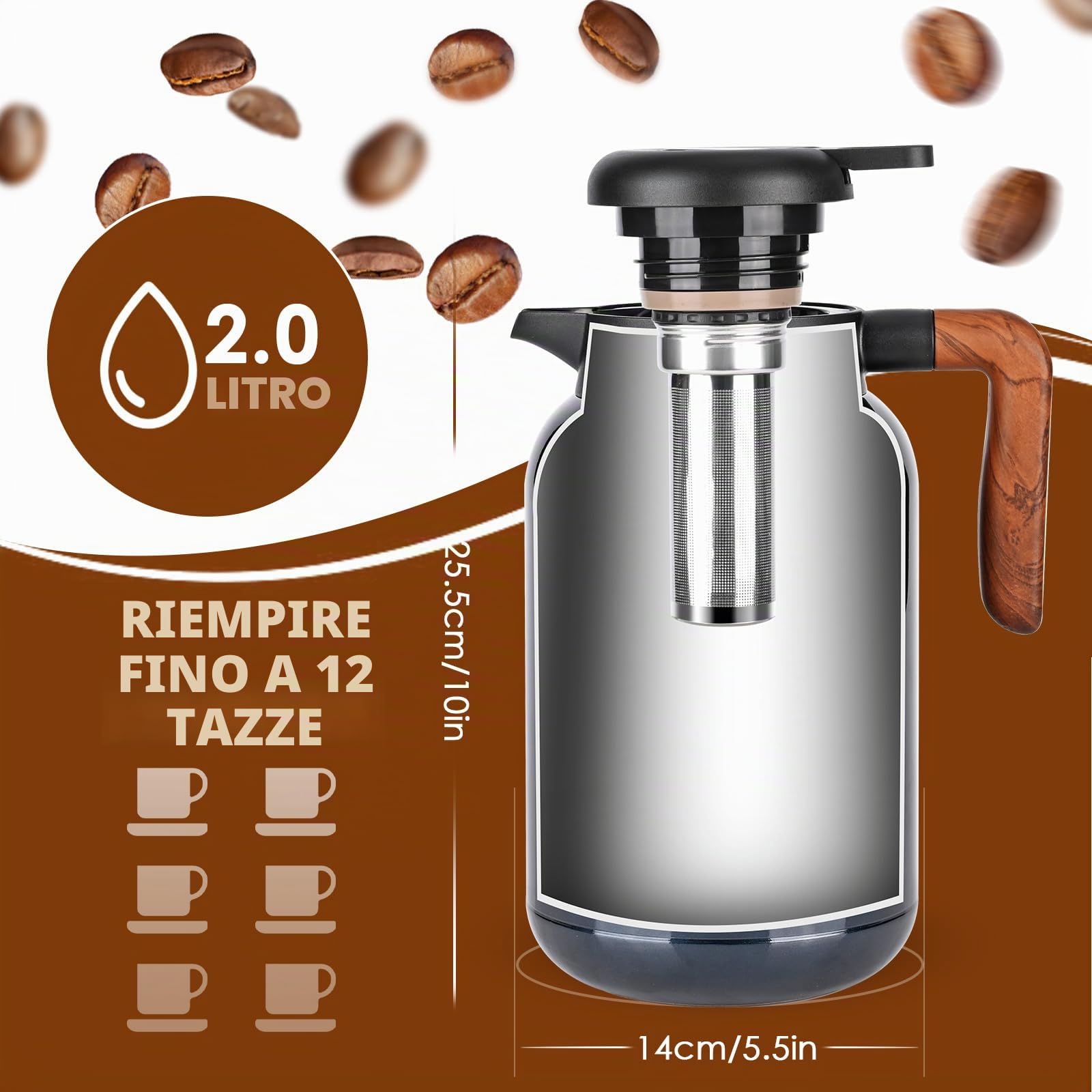 Dreamhigh® Thermos 2 l con colino da tè, thermos con indicatore di temperatura, caffettiera ben sigillata (senza perdite, nessuna goccia), per caffè, tè e latte
