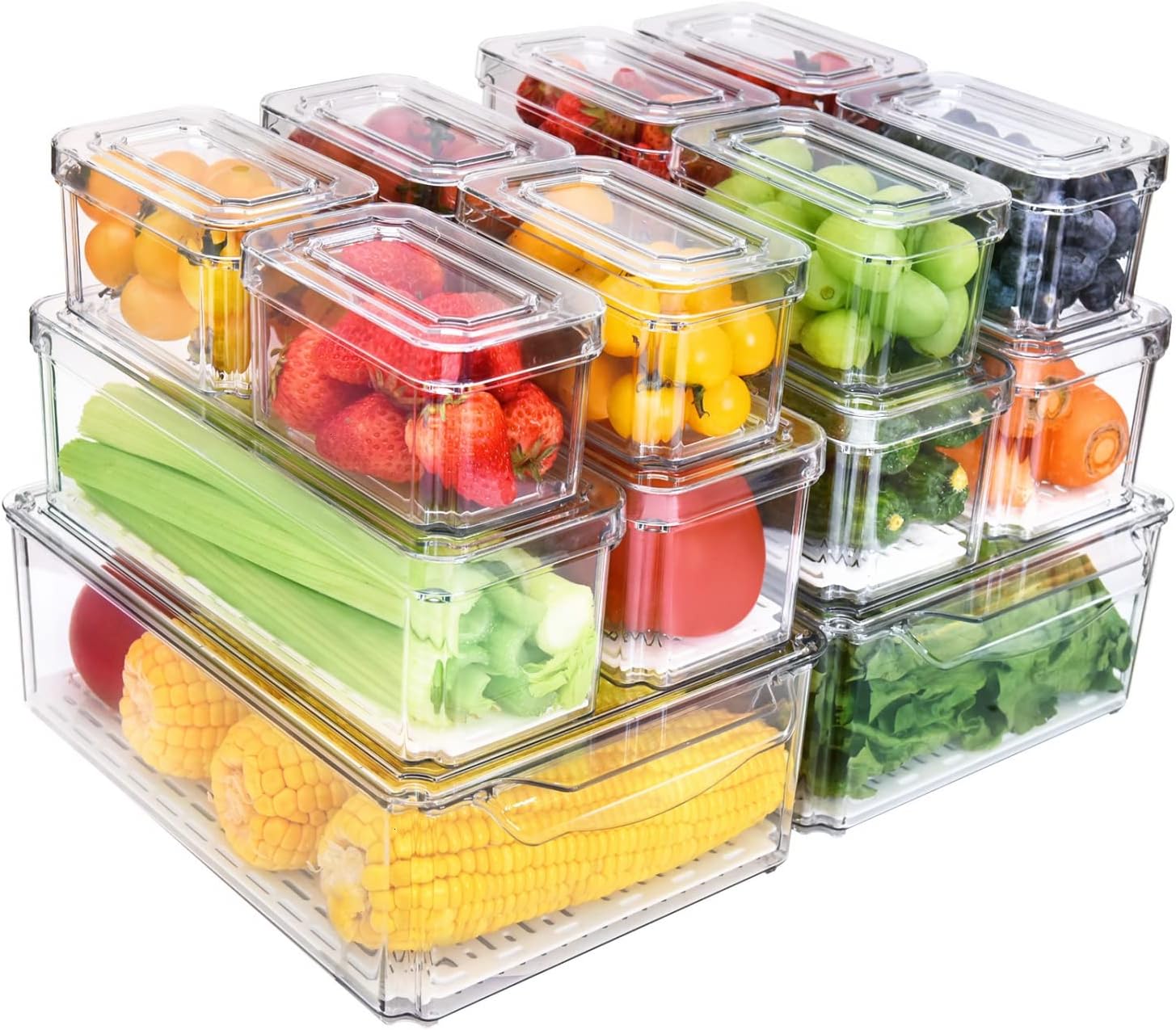 Pomeat 14 Pack Fridge Organizer with Lid, Stackable Refrigerator Organizer Bins, BPA-Free Fridge Organizers and Storage Clear, Fruit Storage Containers for Fridge, Kitchen, Food, Produce, Vegetable