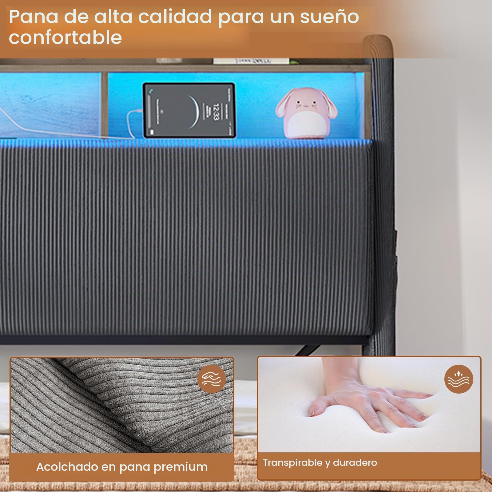 AOGLLATI Cama Matrimonial 140x190 con Almacenamiento Hidráulico | Cama Juvenil con Cabecero, Cama Canape con 270° LED y Carga Integrada, Somier Estructura de Cama Listones Madera, Pana Gris
