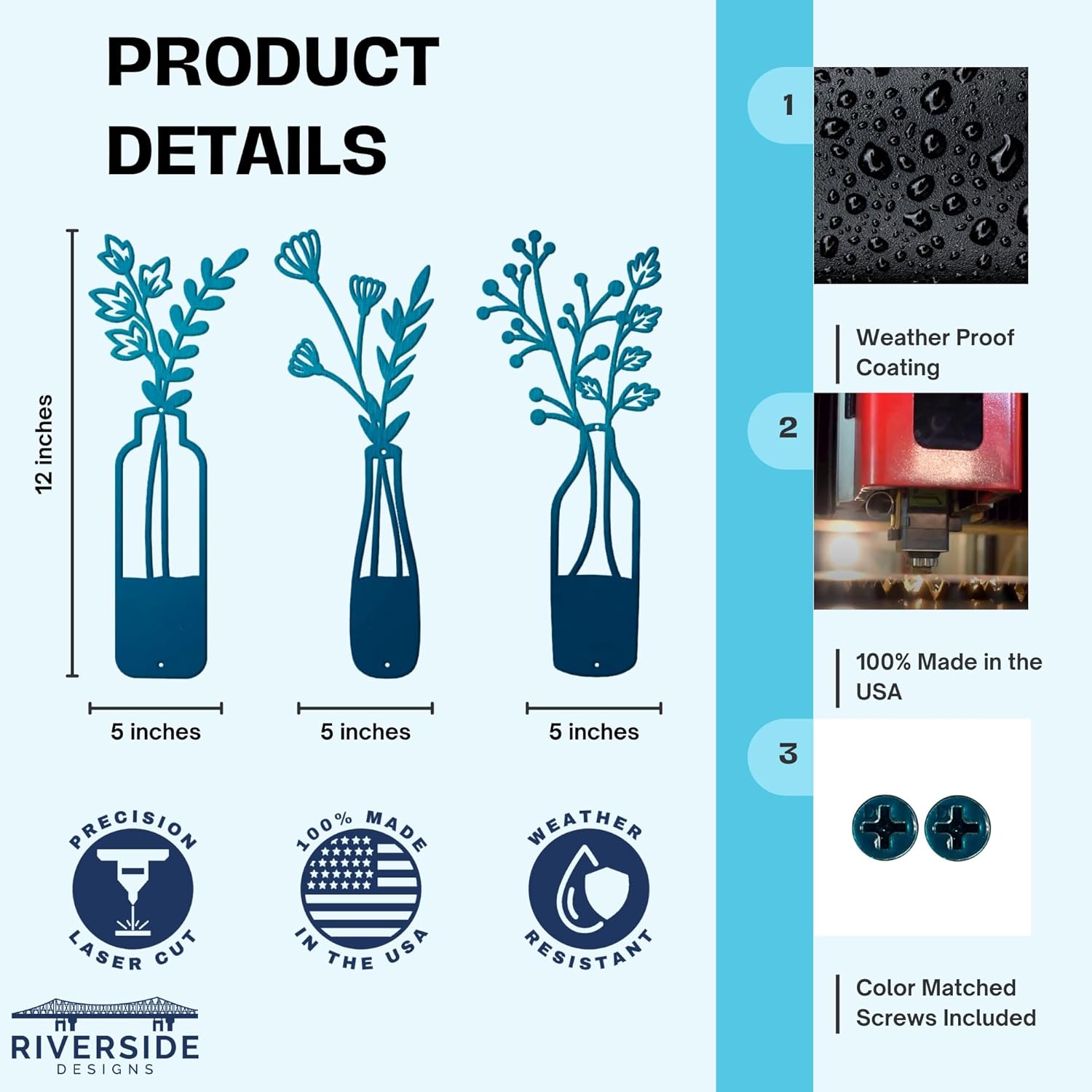 3-Piece Metal Flower Wall Art - Rustic Farmhouse Black Minimalist Vase Wall Decor for Living Room, Bedroom, Bathroom, Dining Room - Modern Floral Wall Hanging Home & Housewarming Gift (Teal, 12"L x 5"W)