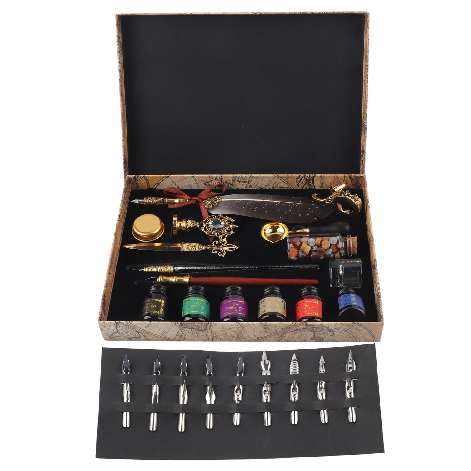 Federstift-Set, Elegantes Federkiel-Set für Kalligraphie und Kunstprojekte, Vintage-Stil mit 18 Federn und Tinte (SP271931R gesprenkeltes Goldgrau)