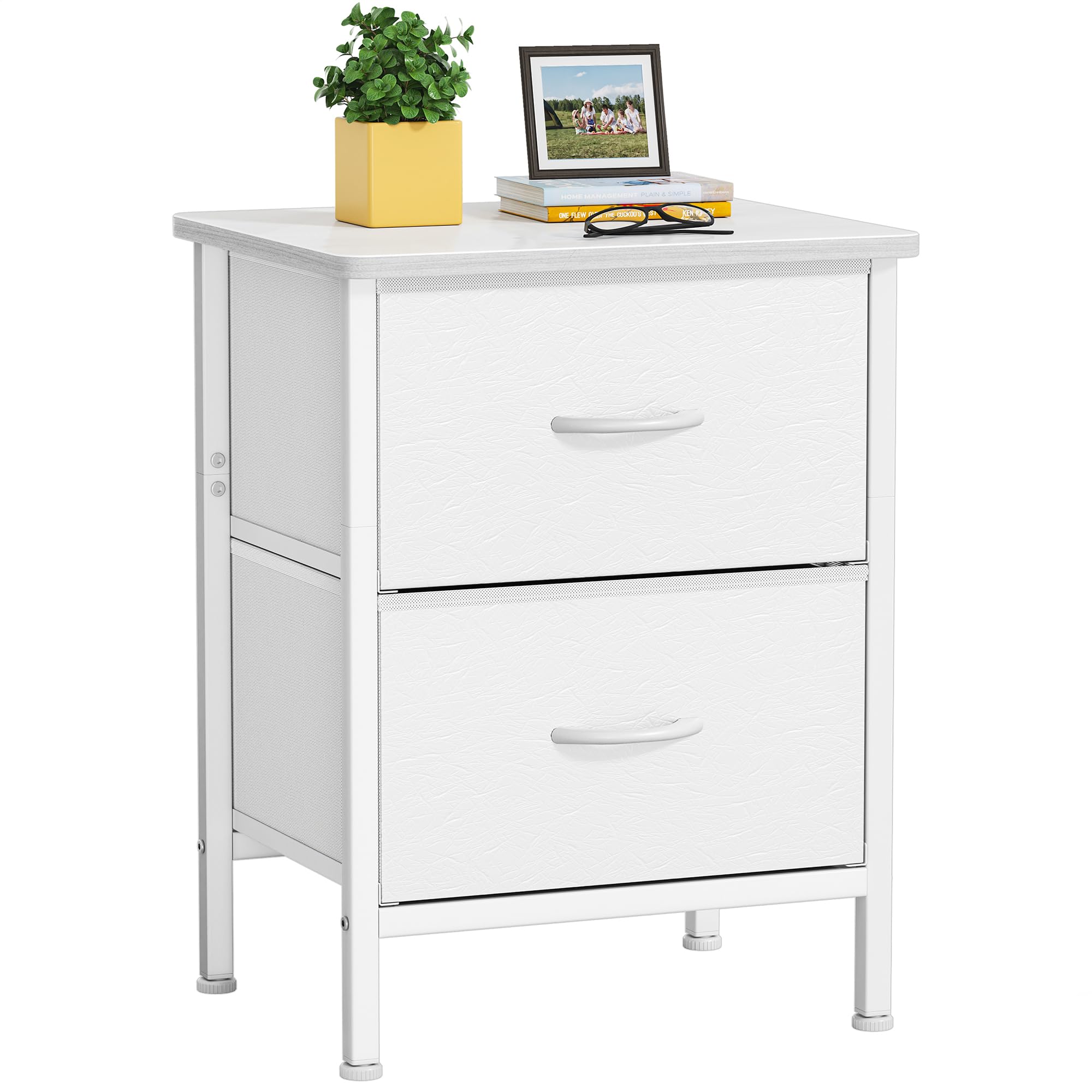 HOMIDEC Bedside Table,Side Table with 2 Fabric Drawers and Metal Frame,Large Capacity Storage Bedside Cabinet for Bedroom,Living Room and Sitting Room ect.White Leather