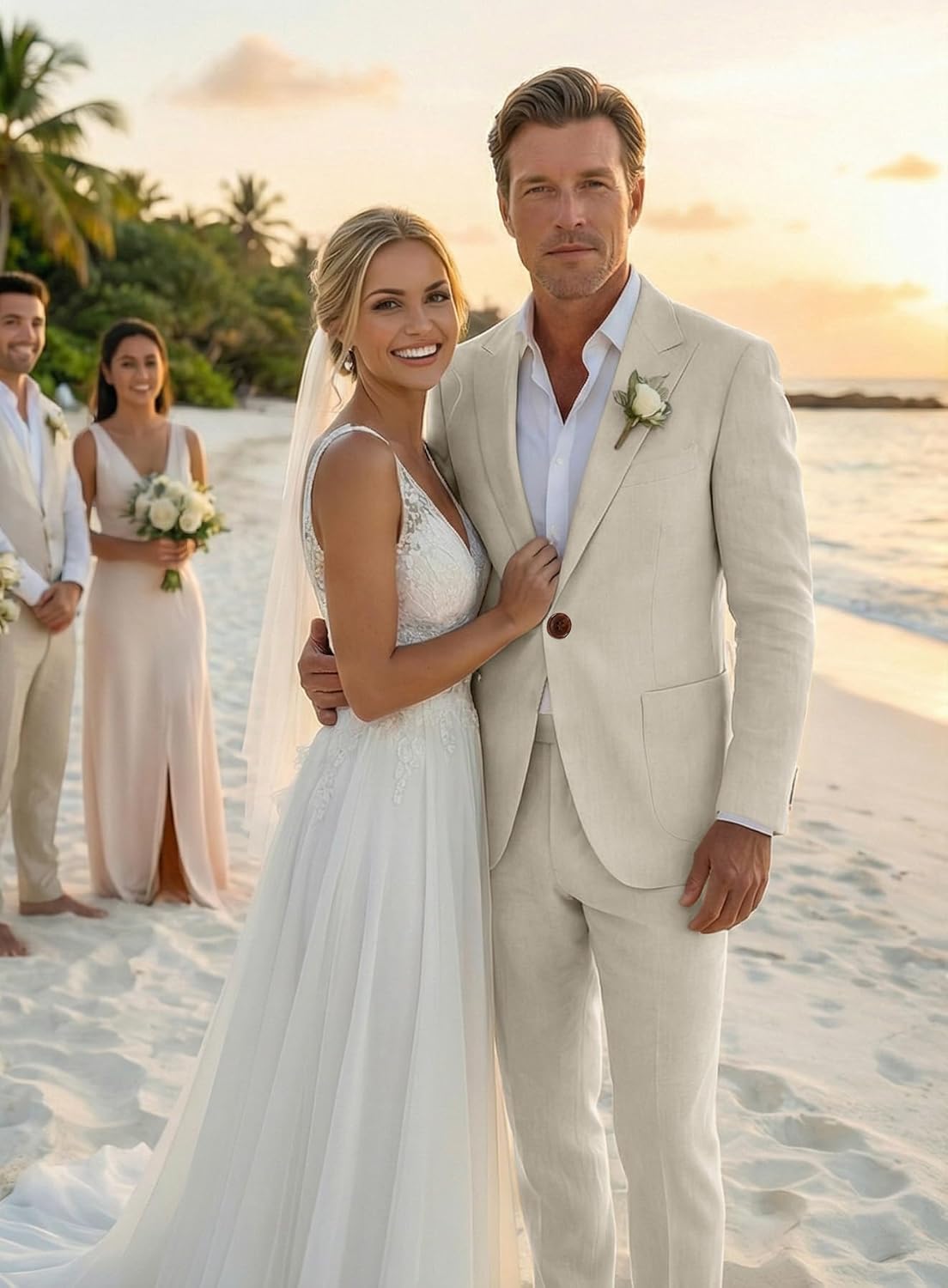 Men's Linen Suit 2 Piece Set Men Slim Fit Suits Business Beach Groomsmen Wedding Casual Prom Tuxedo Blazer Jacket Dress Pants
