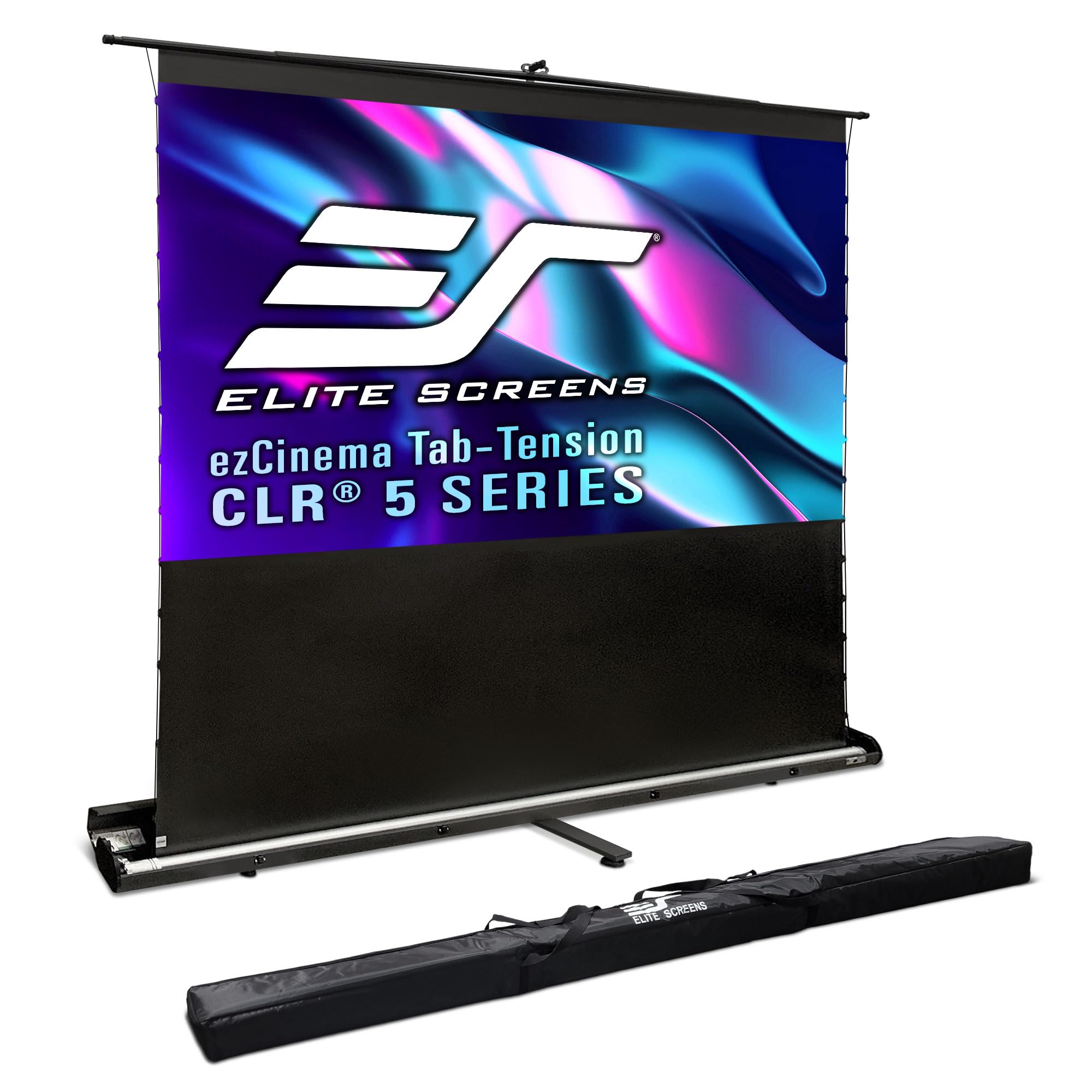 Photo 1 of Elite Screens ezCinema Tab-Tension CLR 5, 103-inch Portable Floor-Rising UST Projector Screen, 16:9 ALR Ceiling Light Rejecting Tab-Tension Scissor-Backed Manual Pull-Up+Carry Bag, Black- FT103UH-CLR5