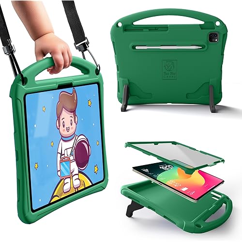 Bam Bino Space Suit Rugged Kids Case for Apple iPad Pro 13 M4, iPad Air 13 M2/M3 (2024/2025) Case for Kids with Built-in Screen Protector, Handle, Stand, Pencil Holder, Shoulder Strap (Mint Green)