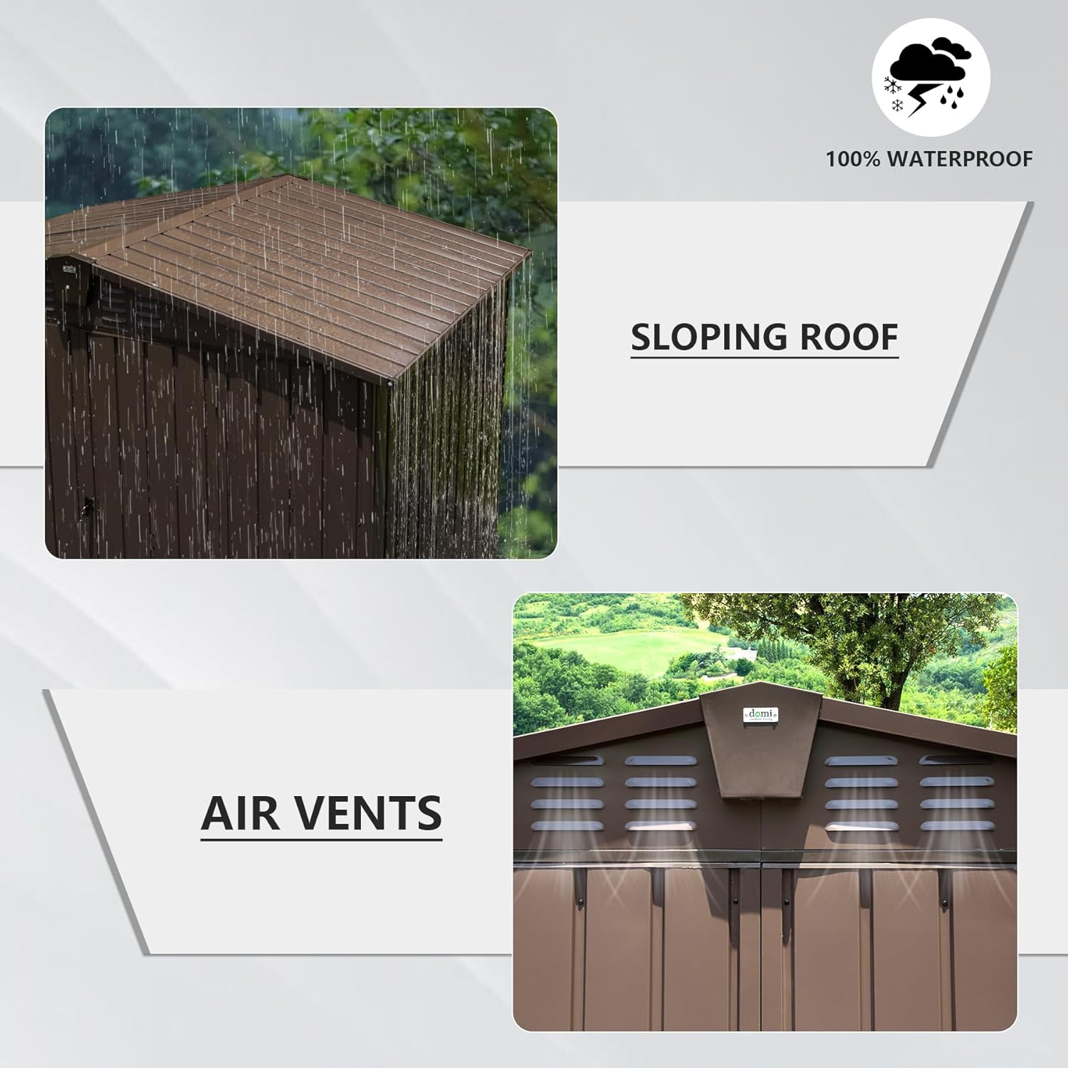 Domi Outdoor Storage Shed with sloping roof design and air vents for ventilation.