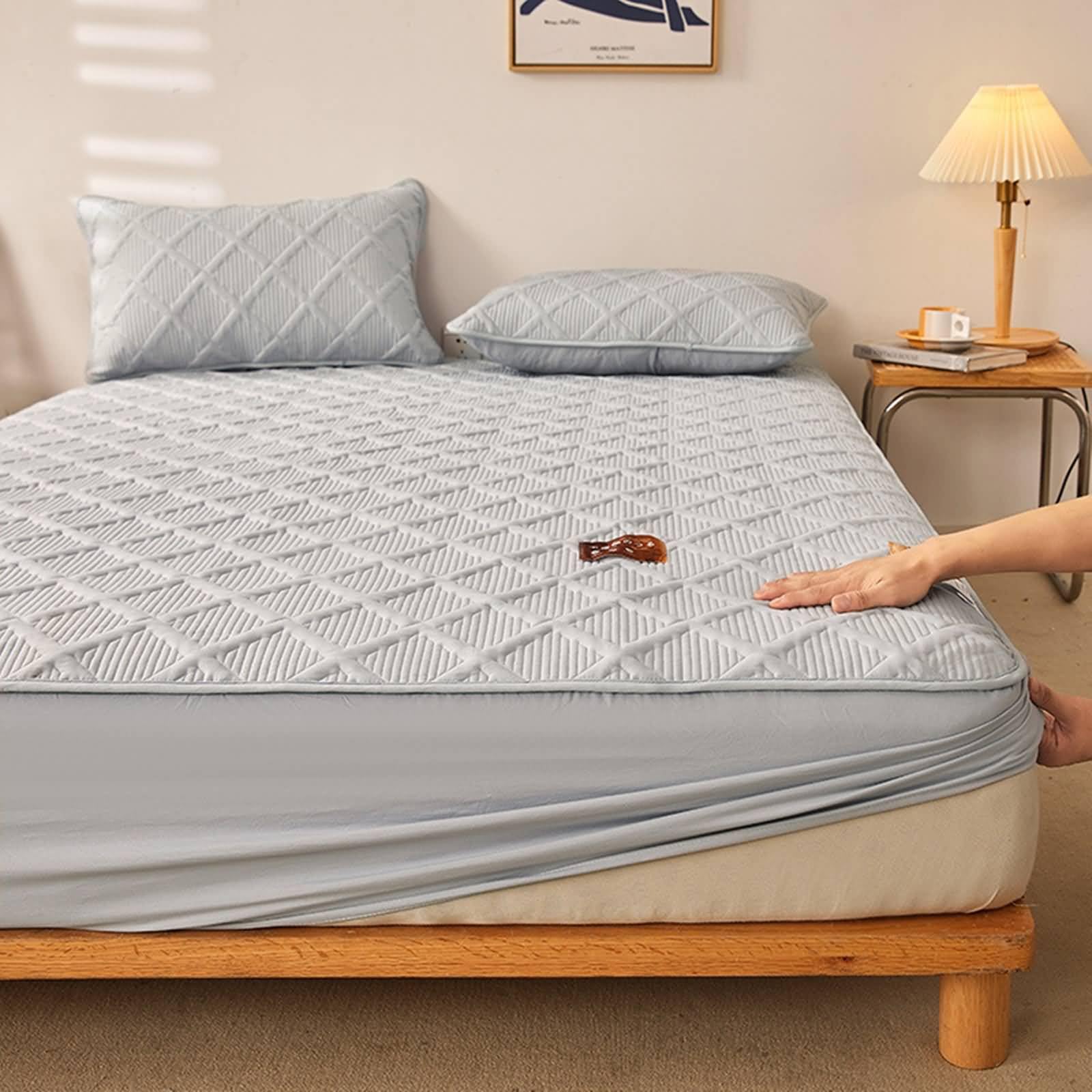 Lenzuolo Letto Singolo Cotone con Angoli, Motivo Plaid con Tinta Unita, 120 x 190 CM, Grigio Chiaro