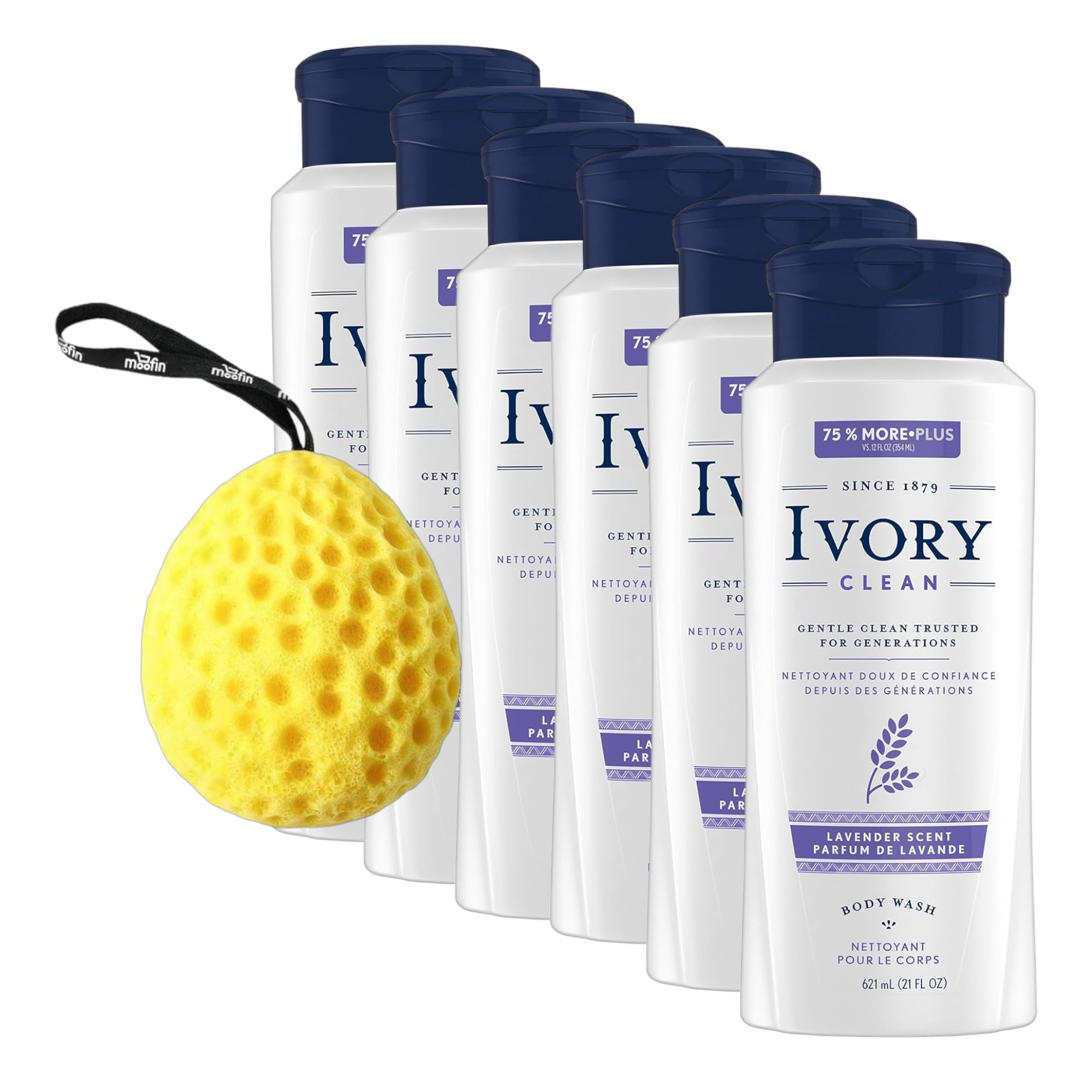 Ivory Body Wash, 21Oz - Soothing & Gentle Lavender Body Wash With Pure Shea Butter, Suitable For All Skin Types, Paired Bath Sponge, No Dyes/Parabens, Perfume Body Wash (Pack of 6)